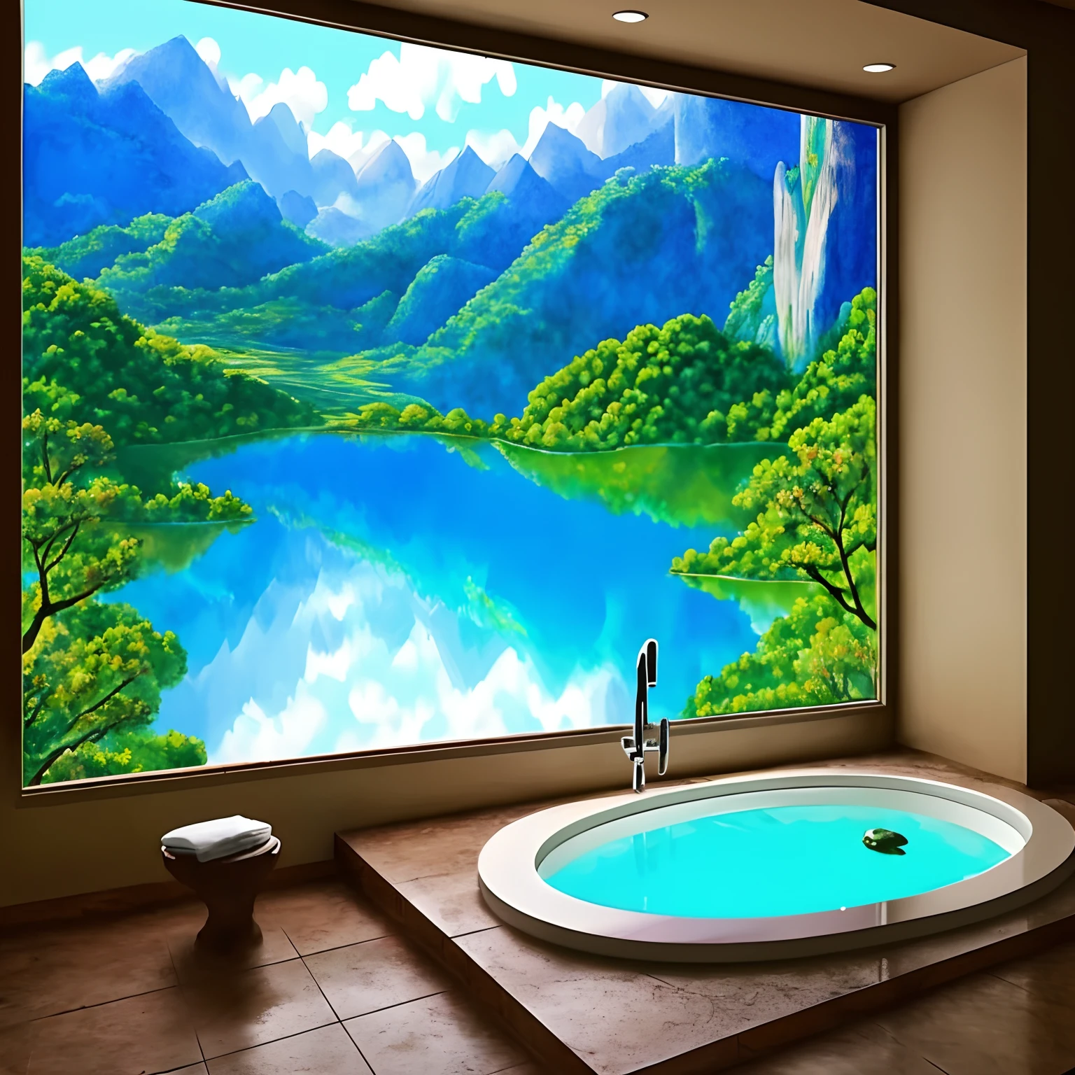 There is a large bathtub in the middle of a room with mountain views, detailed scenery—width 672, detailed cenary, bubbly scenery, anime scenery, anime bela cena de paz, beautiful anime scenery, arte de fundo do anime, scenery artwork, Vista deslumbrante, bela cena de anime, anime scenery concept art, paisagem feliz, Arte Oficial, breathtaking view, pintura detalhada 4K