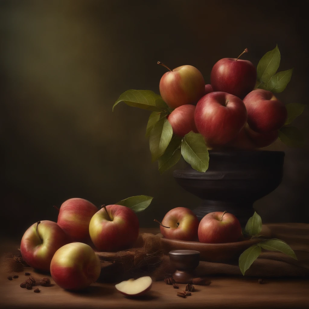 oil painting artistic drawing, flores, Apples and cinnamon