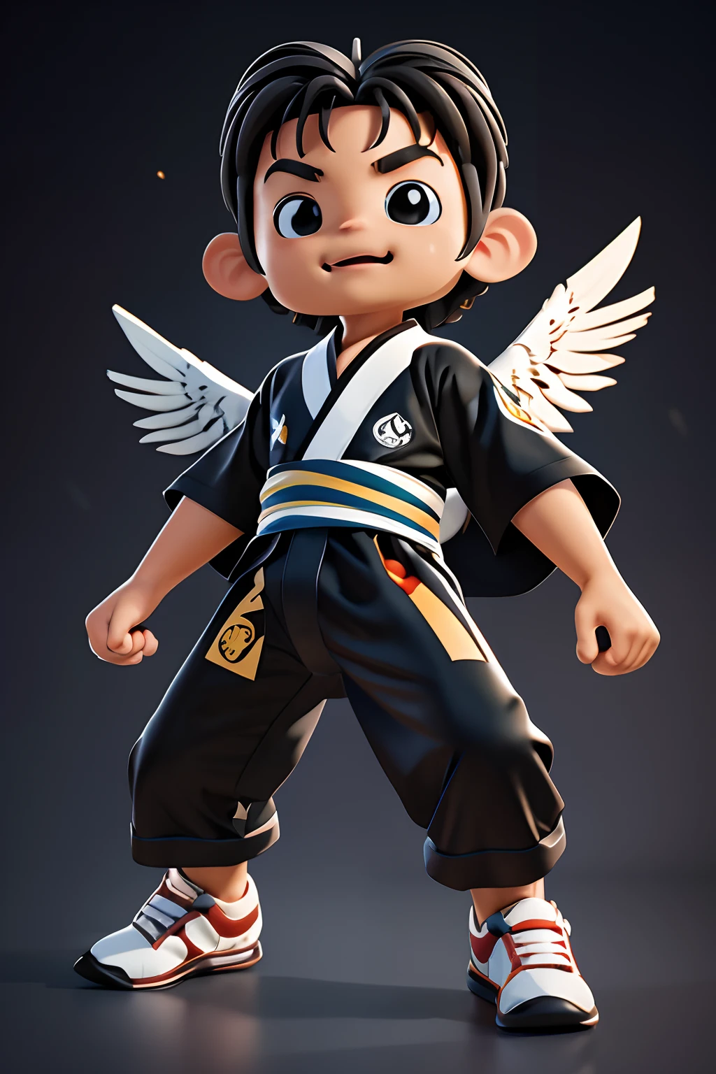 Create a 3d mascot of a male baby eagle wearing jiujitsu kimono in different fighting poses on a black background. The eagle must be represented with human characteristics that demonstrate that it is a child. O quimono deve ser de tecido grosso. The mascot must have a child's body, eagle head and eagle claws in place of feet.