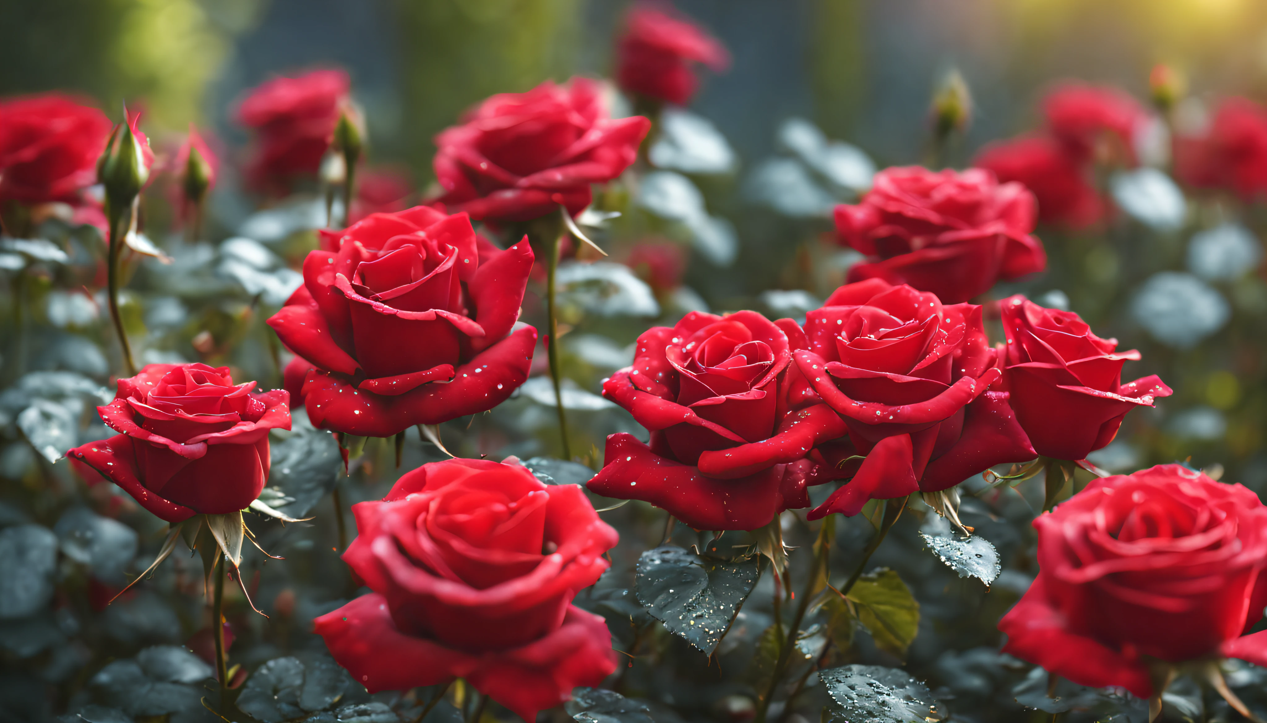 Many red rose flowers in the garden and sunlight with bokeh, dew drops on flower petals (masterpiece, ultra quality, high resolution, 8k, intricate: 1.2), (masterpiece), (best quality:1)