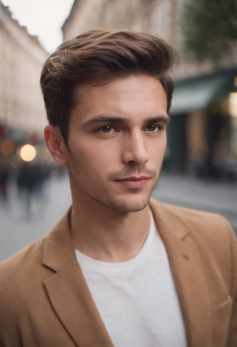 A golden-skinned man , cheveux mi long , brun , magnifique, yeux marron ,  se tient dans la ville, The style is a moody and quiet scene, Portrait on social networks, detailed portrait shot, (Haut du corps)