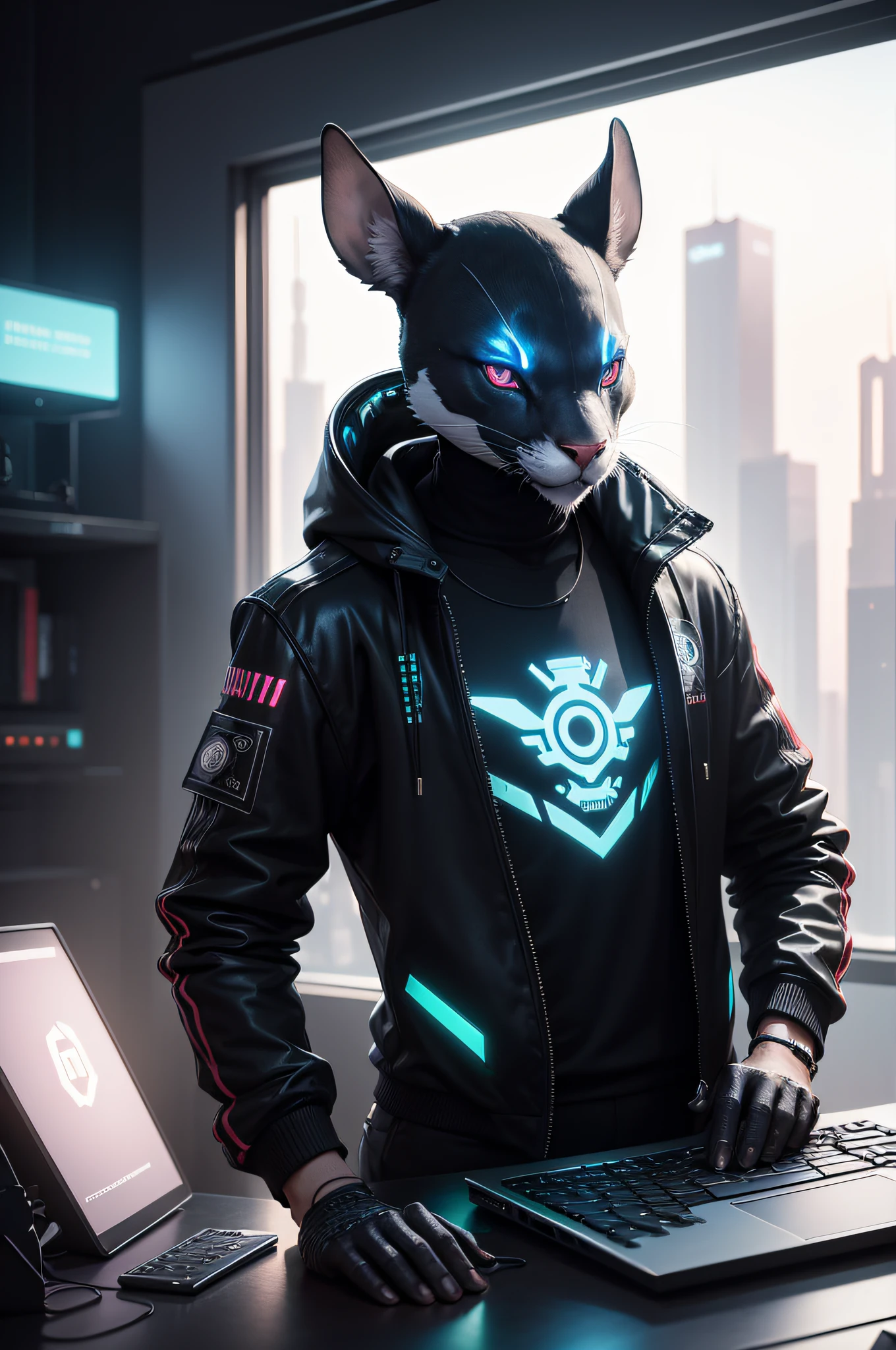 um rato designer em um computador, rato, animal, realista, 4k, futurista, cyberpunk, sunlight, beautiful lighting, vibrant lighting, intrincado, altamente detalhado, elegante, liso