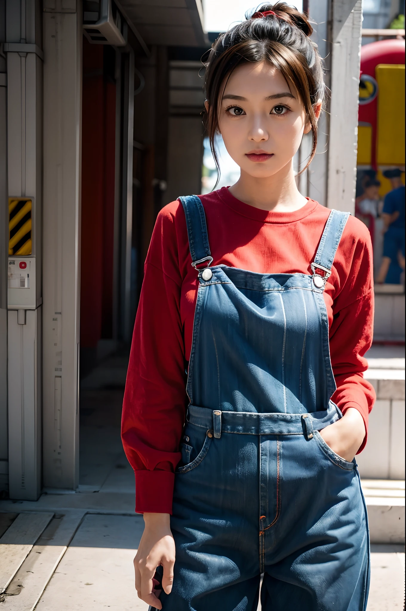 there is a woman in a red shirt and blue overalls posing, a picture inspired by Miyamoto, tumblr, neogeo, wearing plumber uniform, overalls, artist wearing overalls, working clothes, wearing overalls, pokemon trainer outfit, work clothes, high quality costume, she is wearing streetwear, wearing blue jean overalls, blue overalls, female marty mcfly