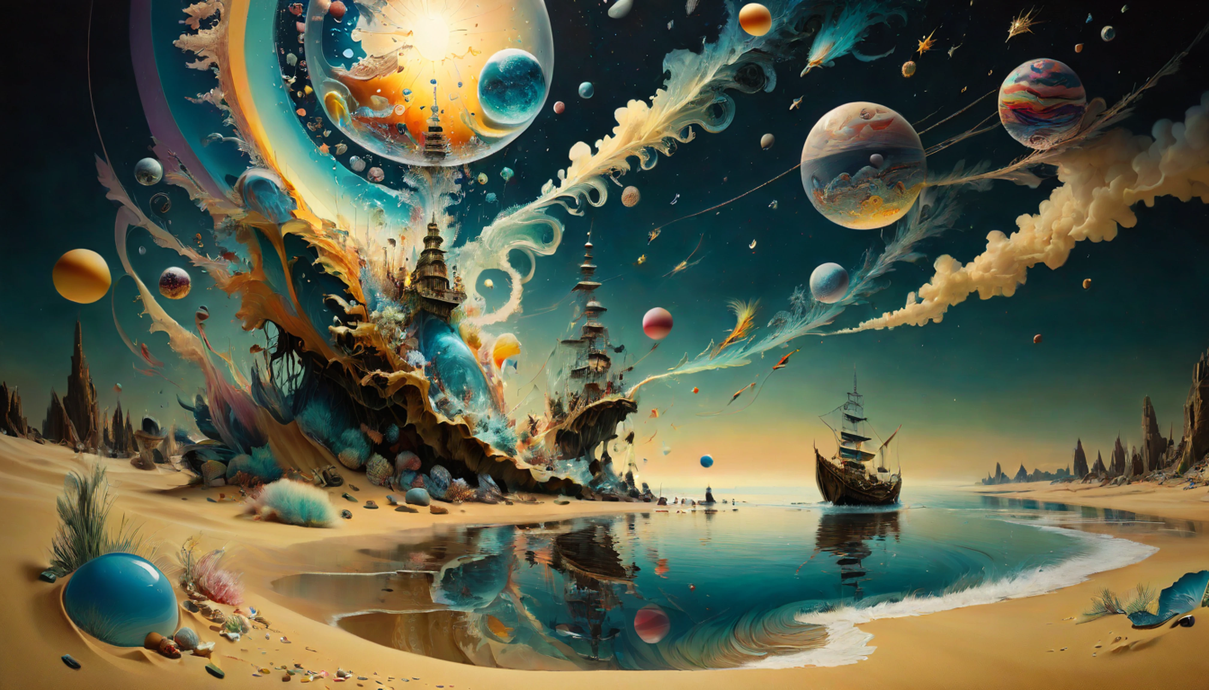 (best quality,4k,8k,highres,masterpiece:1.2),ultra-detailed,(realistic,photorealistic,photo-realistic:1.37), digital art by IrinaKapi, surrealism, sands of time, splash, patterns, floating objects, Yuumei, Robert Bissell, Christopher Balaskas, Keith Mallett, Wassily Kandinsky, acrylic painting, dreamlike atmosphere, intricate details, mesmerizing composition, ethereal beauty, mystical elements, whimsical landscapes, otherworldly creatures, intricate brushwork, surreal landscapes, fantastical imagery