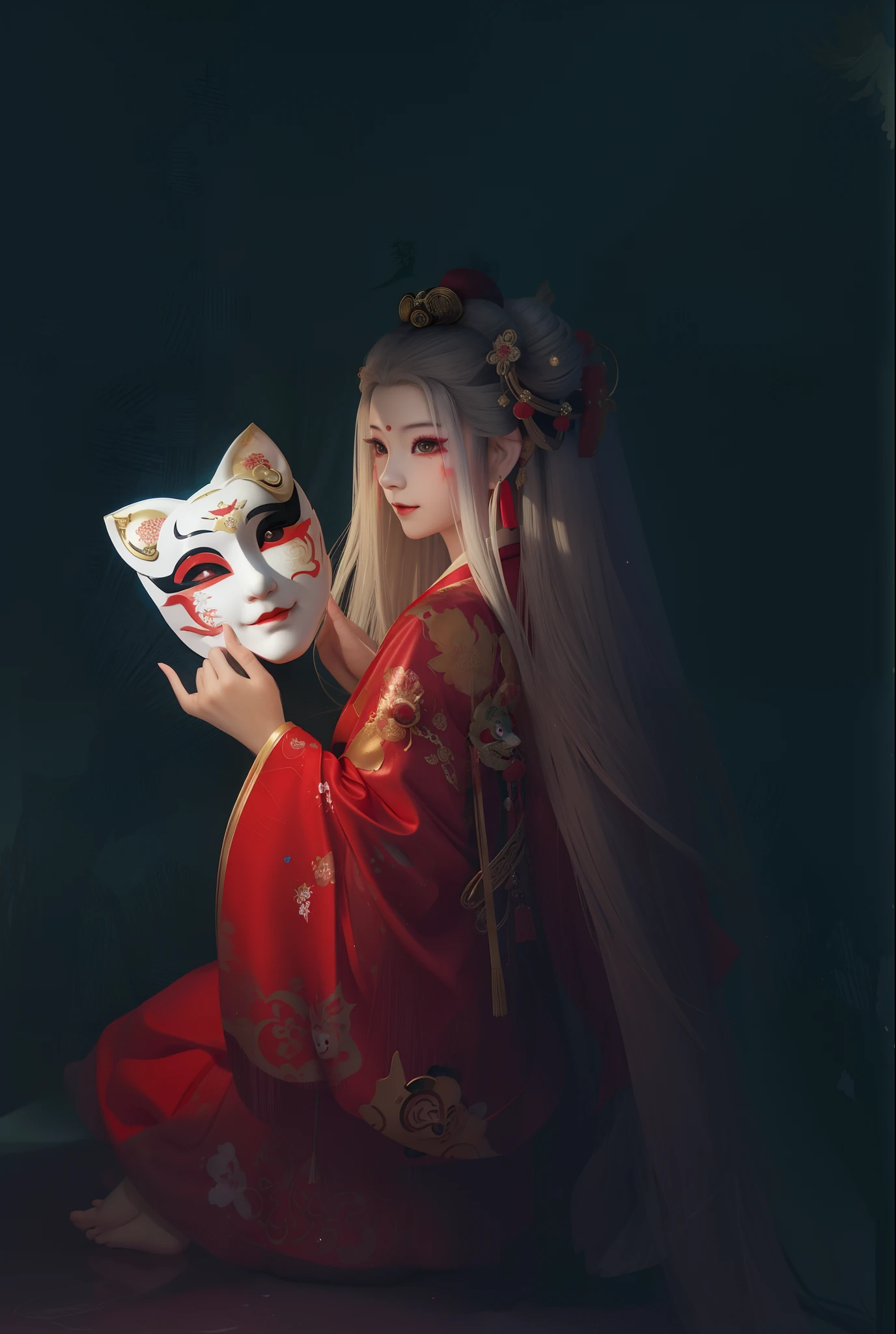 a woman in a red dress holding a mask in her hand, with kitsune mask, wearing a kitsune mask, kitsune mask, kitsune mask on head, inspired by Elsa Bleda, geisha mask, wearing noh theatre mask, wearing a noh theatre mask, broken mask, wearing mask, takato yamamoto aesthetic, inspired by Ayako Rokkaku