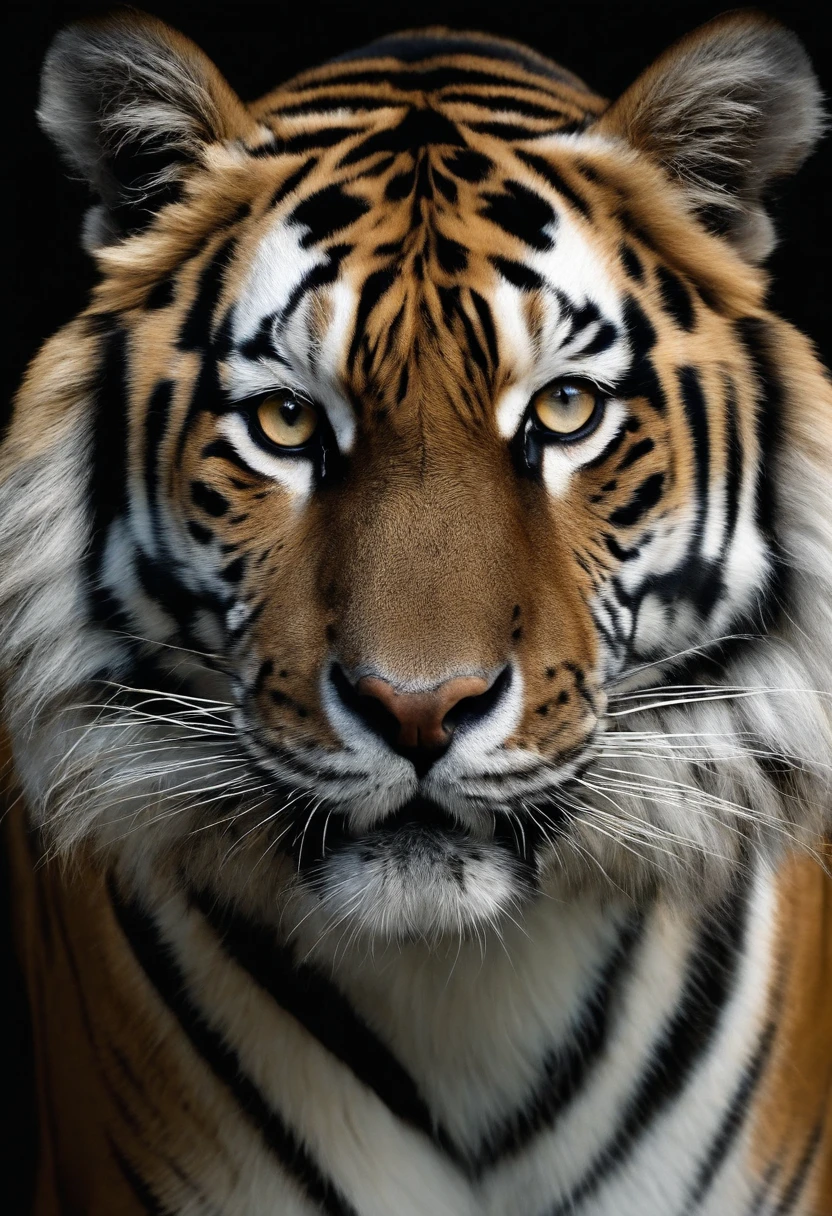 The image shows a realistic black and white tiger clearly visible. O tigre tem olhos azuis vibrantes e penetrantes. O tigre fica no centro de um fundo preto breu, his gaze fixed and unwavering as he looks forward. Your powerful muscles are tense, preparada para agir em caso de necessidade. The overall effect is majestic and intimidating, capturing the raw power and beauty of this magnificent creature.