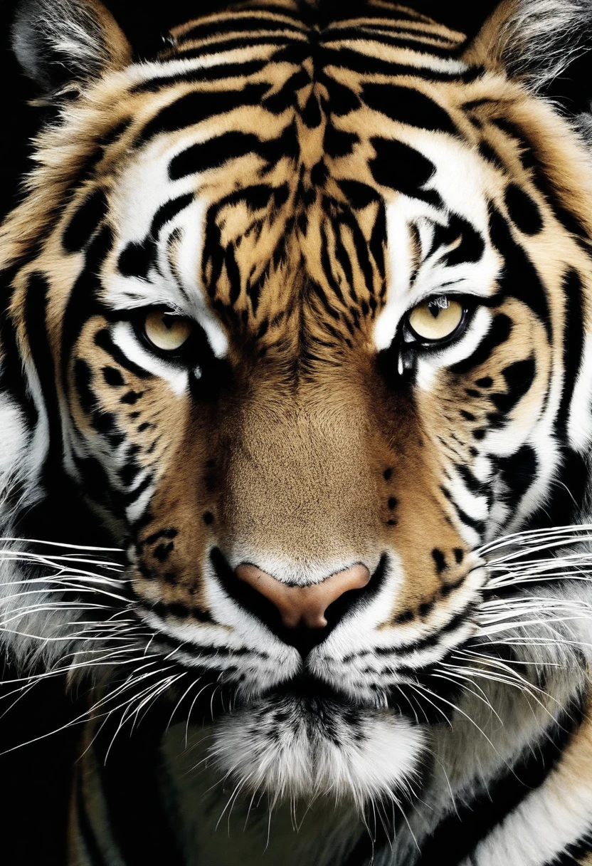 The image shows a realistic black and white tiger clearly visible. O tigre tem olhos azuis vibrantes e penetrantes. O tigre fica no centro de um fundo preto breu, his gaze fixed and unwavering as he looks forward. Your powerful muscles are tense, preparada para agir em caso de necessidade. The overall effect is majestic and intimidating, capturing the raw power and beauty of this magnificent creature.