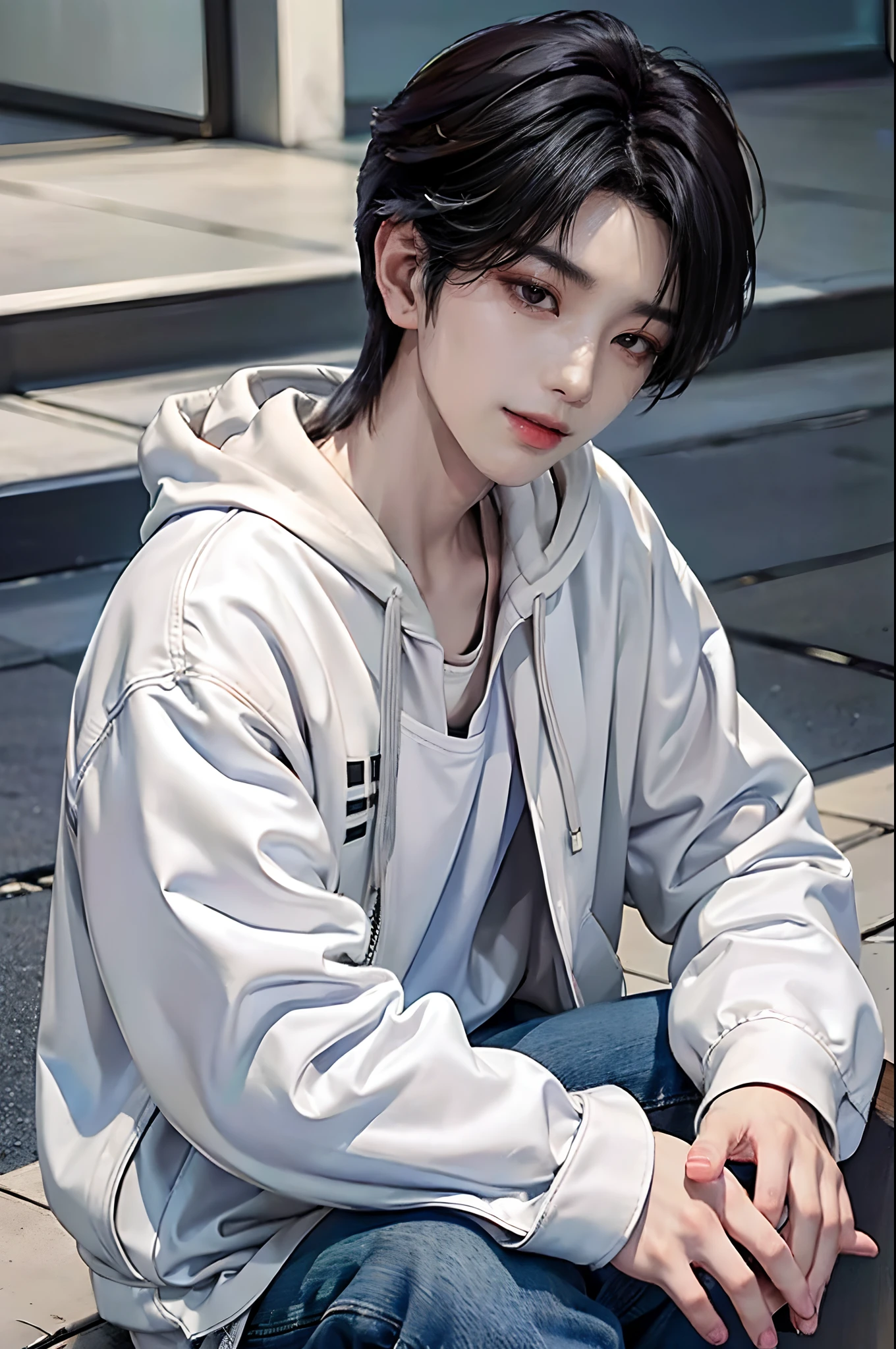 ((4K works))、masterpiece、(top-quality)、((high-level image quality))、((One Manly Boy))、Slim body、((Casual style with white hoodie and chic black denim jacket))、((Men's Fashion))、((Hold your iPhone in your hands))、(Detailed beautiful eyes)、In a fashionable city、Sitting on the curb and listening to music、Face similar to Chaewon in Ruseraphim、((short hair above the ears))、((Smaller face))、((Neutral face))、((Light brown eyes))、((Korean boy))、((18year old))、((Handsome man))、((Sexy expression smiling while licking lips with tongue))、((Korean Makeup))、((elongated and sharp eyes))、((photo of a model))、((Like a celebrity))、Professional Photos、((Shot alone))、((Sitting on the curb and listening to music through headphones))、((He sits in front of the viewer))、((Shot diagonally up from the front))、((Upper body photography))、((Hold your iPhone in your hand、Look at your iPhone screen))
