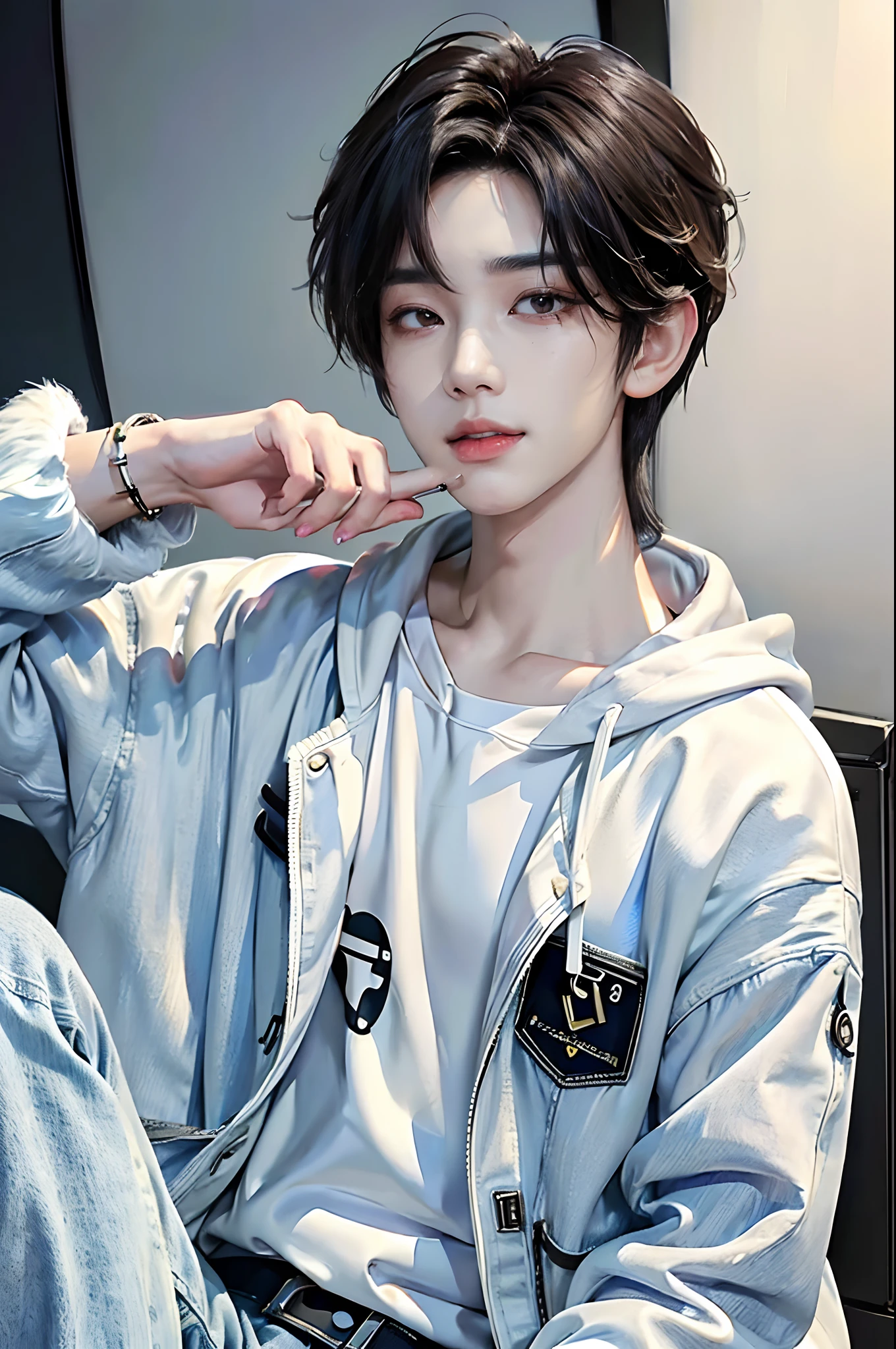 ((4K works))、​masterpiece、（top-quality)、((high-level image quality))、((One Manly Boy))、Slim body、((Casual style with white hoodie and chic black denim jacket))、((Men's Fashion))、((Hold your iPhone in your hands))、(Detailed beautiful eyes)、In a fashionable city、Sitting on the curb and listening to music、Face similar to Chaewon in Ruseraphim、((short hair above the ears))、((Smaller face))、((Neutral face))、((Light brown eyes))、((Korean boy))、((18year old))、((Handsome man))、((Sexy expression smiling while licking lips with tongue))、((Korean Makeup))、((elongated and sharp eyes))、((photo of a model))、((Like a celebrity))、Professional Photos、((Shot alone))、((Sitting on the curb and listening to music through headphones))、((He sits in front of the viewer))、((Shot diagonally up from the front))、((Upper body photography))、((Hold your iPhone in your hand、Look at your iPhone screen))