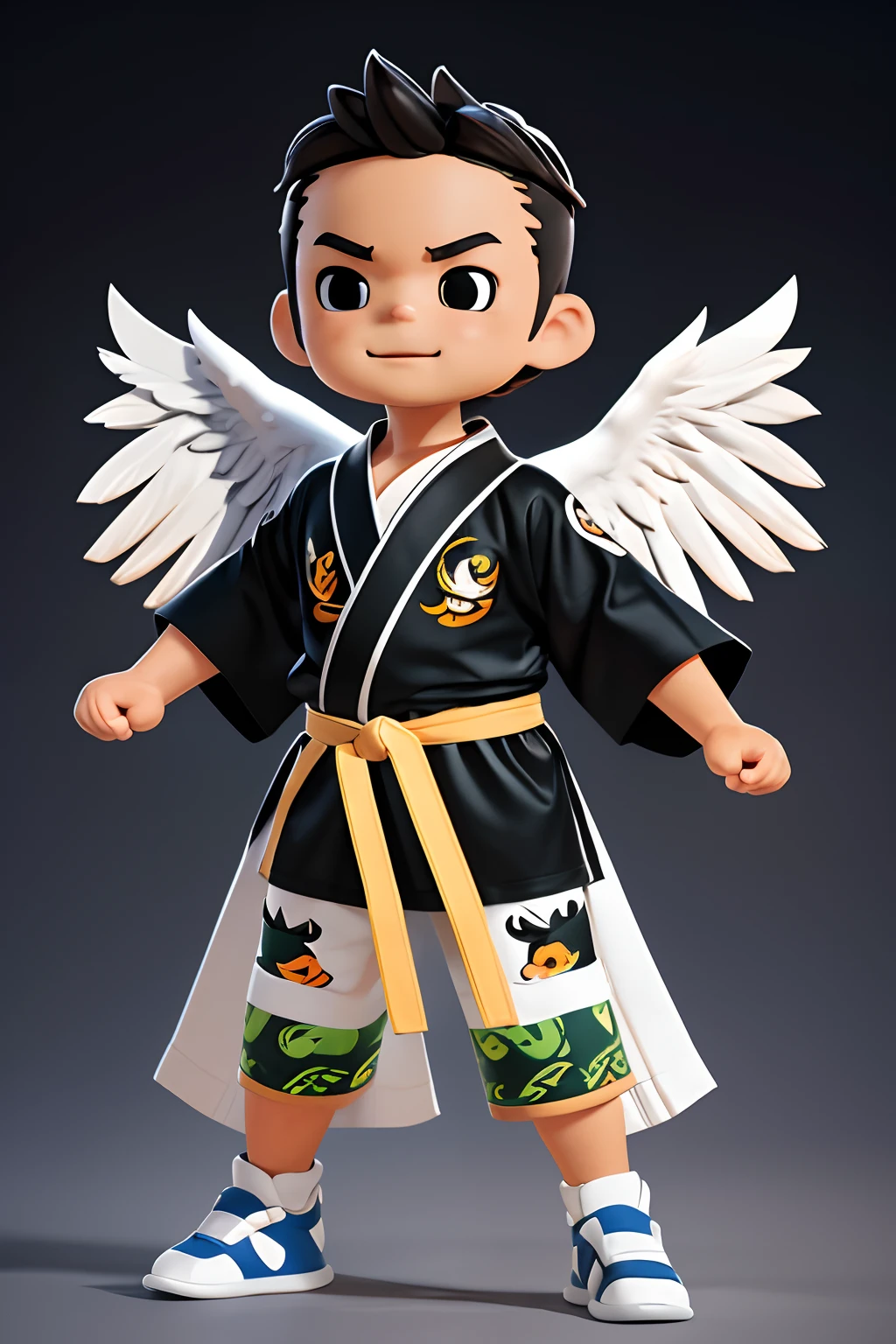 Create a 3d mascot of a male baby eagle wearing jiujitsu kimono in different fighting poses on a black background. The eagle must be represented with human characteristics that demonstrate that it is a child. O quimono deve ser de tecido grosso. The mascot must have a child's body, eagle head and eagle claws in place of feet.