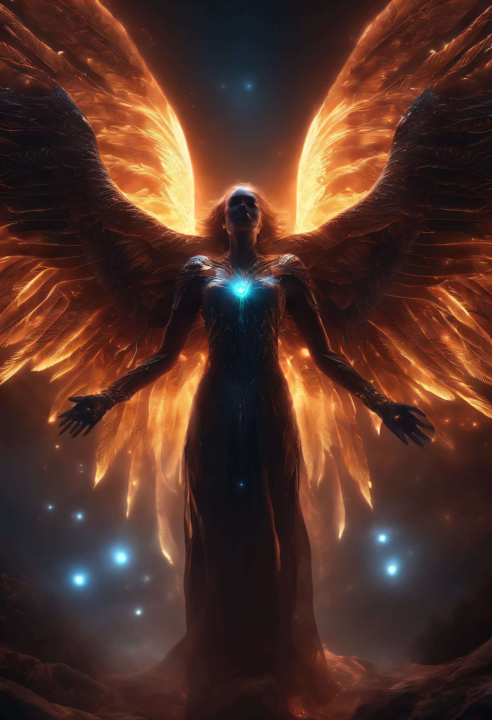 Cosmic Fallen Angel, glowing light eyes, Biomechanical, eerie, Creepy, nightmarish, Very bright colors, Light particles, with light glowing, Mshiff, wallpaper art, UHD wallpaper