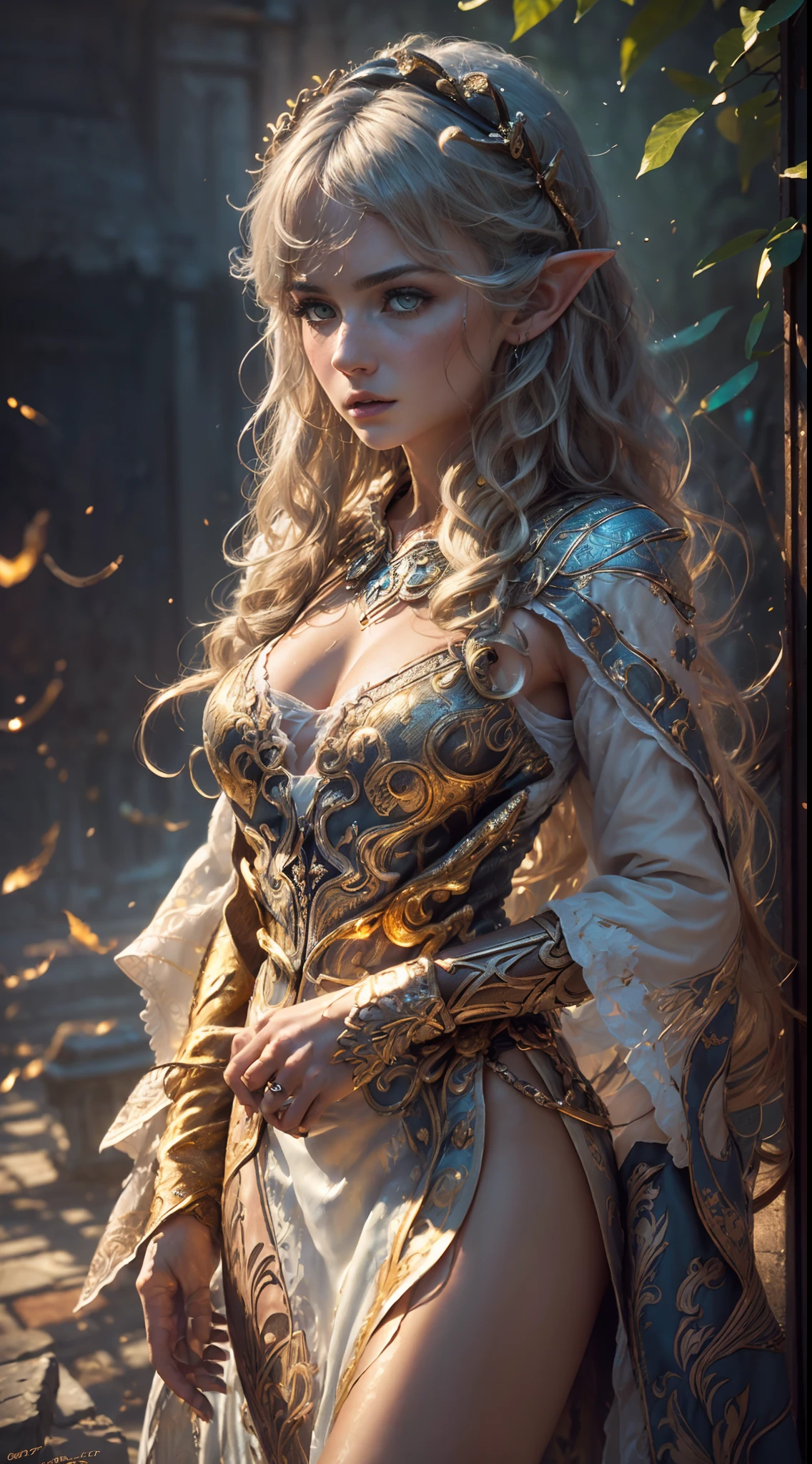 A stunning ((three quarters view (((cowboy shot))))) of an elf Queen ((standing in a courtyard)), wearing elaborate dress and elaborate bejewelled headdress, ((long flowing gold hair flying, bright gold eyes)), beautiful pale makeup, color portrait, striking golden eyes, cleavage, large breasts, gold dust spread across the skin and face, (dark, hyper-realistic photos (((HDR+)))), 8k, ((soft cinematic light)), Adobe Lightroom, Photolab, HDR, intricate, elegant, highly detailed, sharp focus, ((((((cinematic appearance)))), ((soft tones)), insane details, intricate details, hyperdetailed, l((ow contrast, soft cinematic light)), bold colors, exposure mix, faded, slate atmosphere.