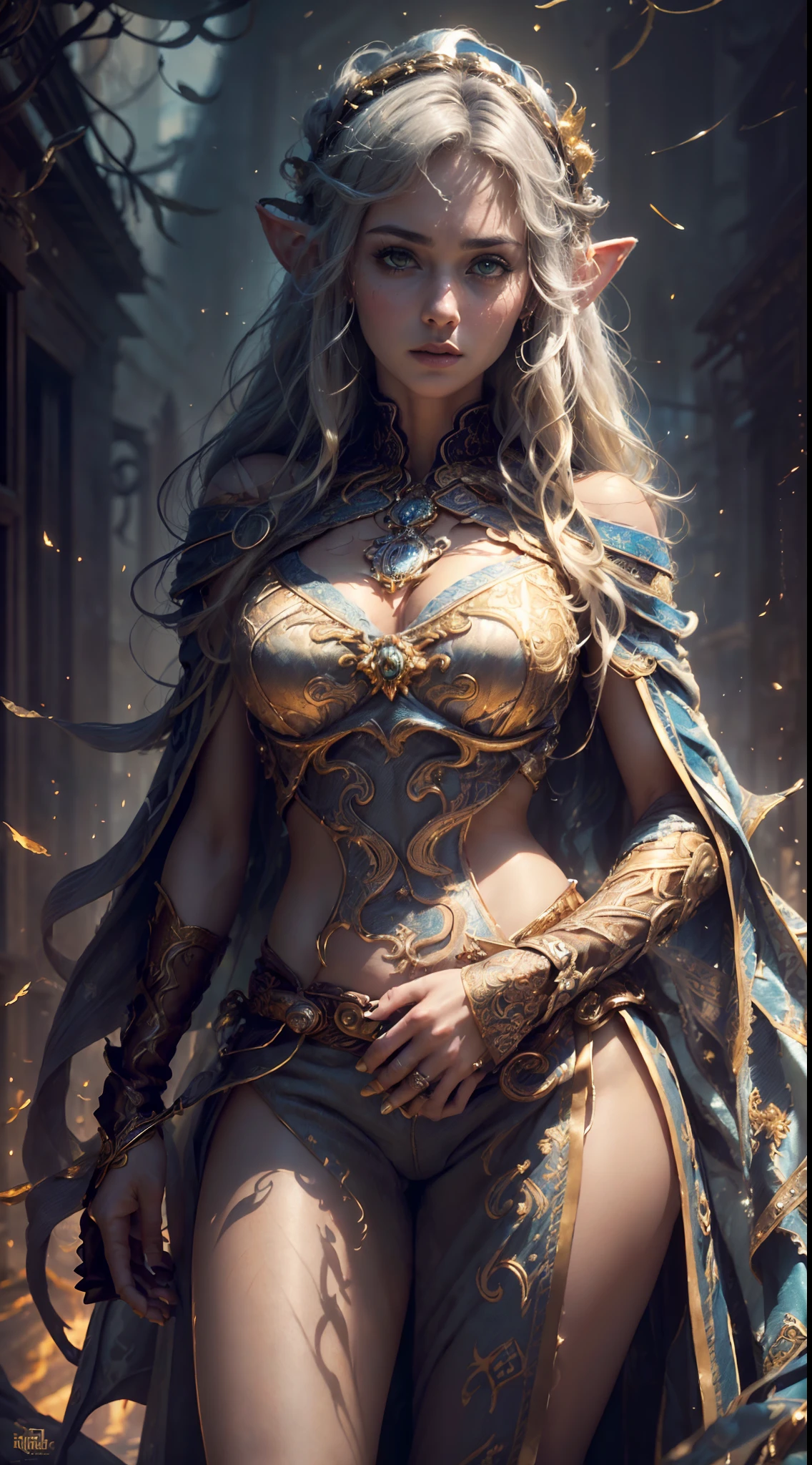 A stunning ((three quarters view (((cowboy shot))))) of an elf Queen ((standing in a courtyard)), wearing elaborate dress and elaborate bejewelled headdress, ((long flowing gold hair flying, bright gold eyes)), beautiful pale makeup, color portrait, striking golden eyes, cleavage, large breasts, gold dust spread across the skin and face, (dark, hyper-realistic photos (((HDR+)))), 8k, ((soft cinematic light)), Adobe Lightroom, Photolab, HDR, intricate, elegant, highly detailed, sharp focus, ((((((cinematic appearance)))), ((soft tones)), insane details, intricate details, hyperdetailed, l((ow contrast, soft cinematic light)), bold colors, exposure mix, faded, slate atmosphere.
