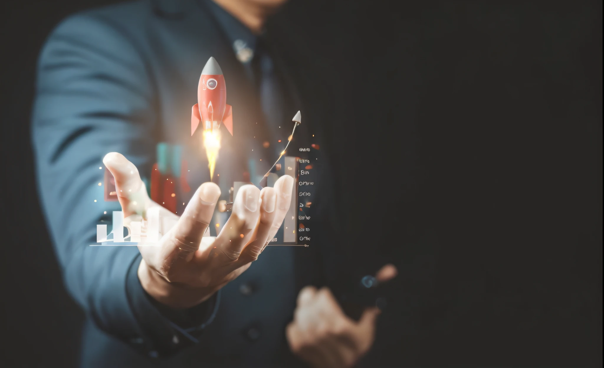 Businessman holding a rocket in his hand with a rising chart, segurando um foguete, Directed by: Emma Andijewska, Directed by: Adam Marczyński, foto - shot, Directed by: Sebastian Vrancx, Shutterstock, photo rendering, O melhor no Adobe Stock, Directed by: Jeanna bauck, launch of a rocket, Directed by: Kurt Roesch, Directed by: Julian Allen