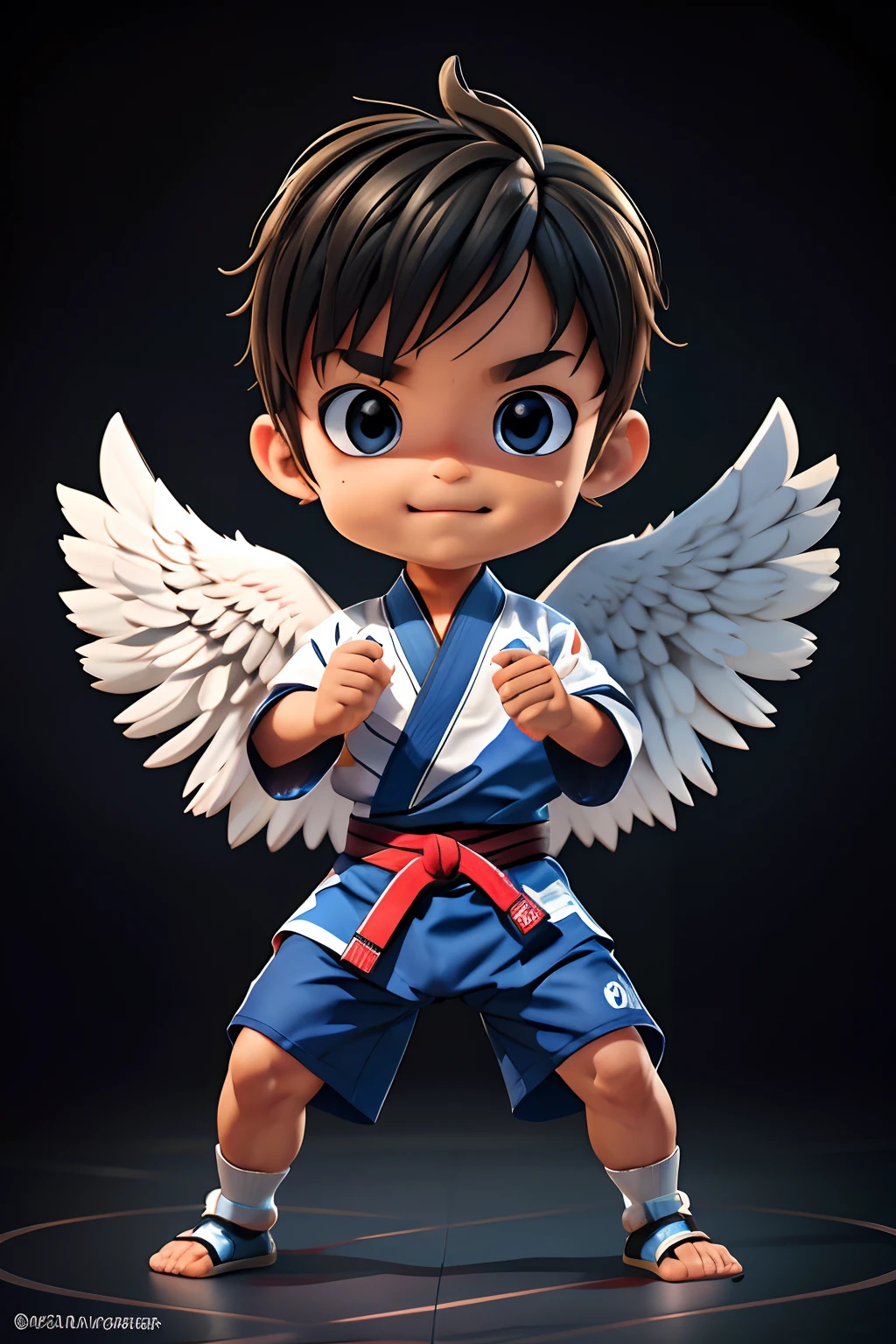 Create a 3d mascot of a male baby eagle wearing jiujitsu kimono in different fighting poses on a black background. The eagle must be represented with human characteristics that demonstrate that it is a child. O quimono deve ser de tecido grosso. The mascot must have a child's body, eagle head and eagle claws in place of feet.
