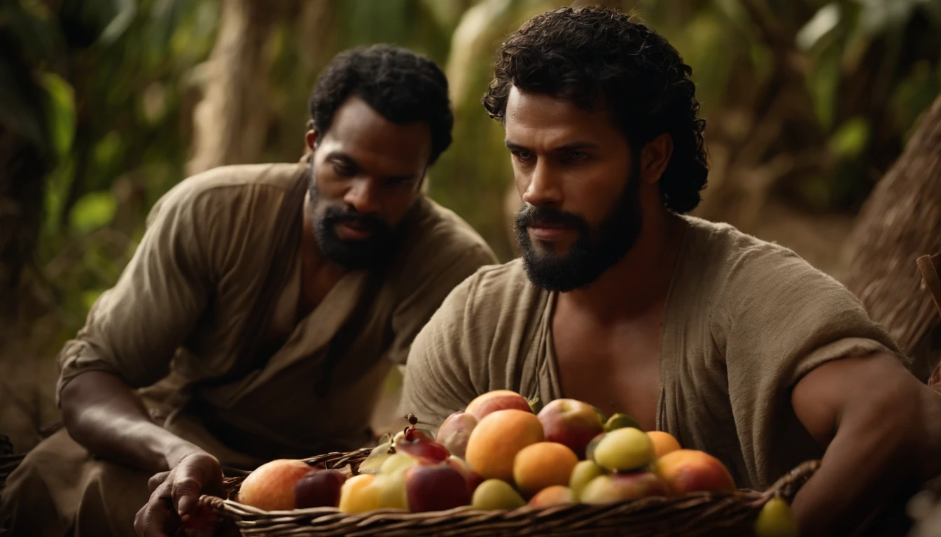 Cain and Abel with distinct appearances, um com uma cesta de frutas e o outro com um cordeiro, simbolizando suas ofertas a Deus.