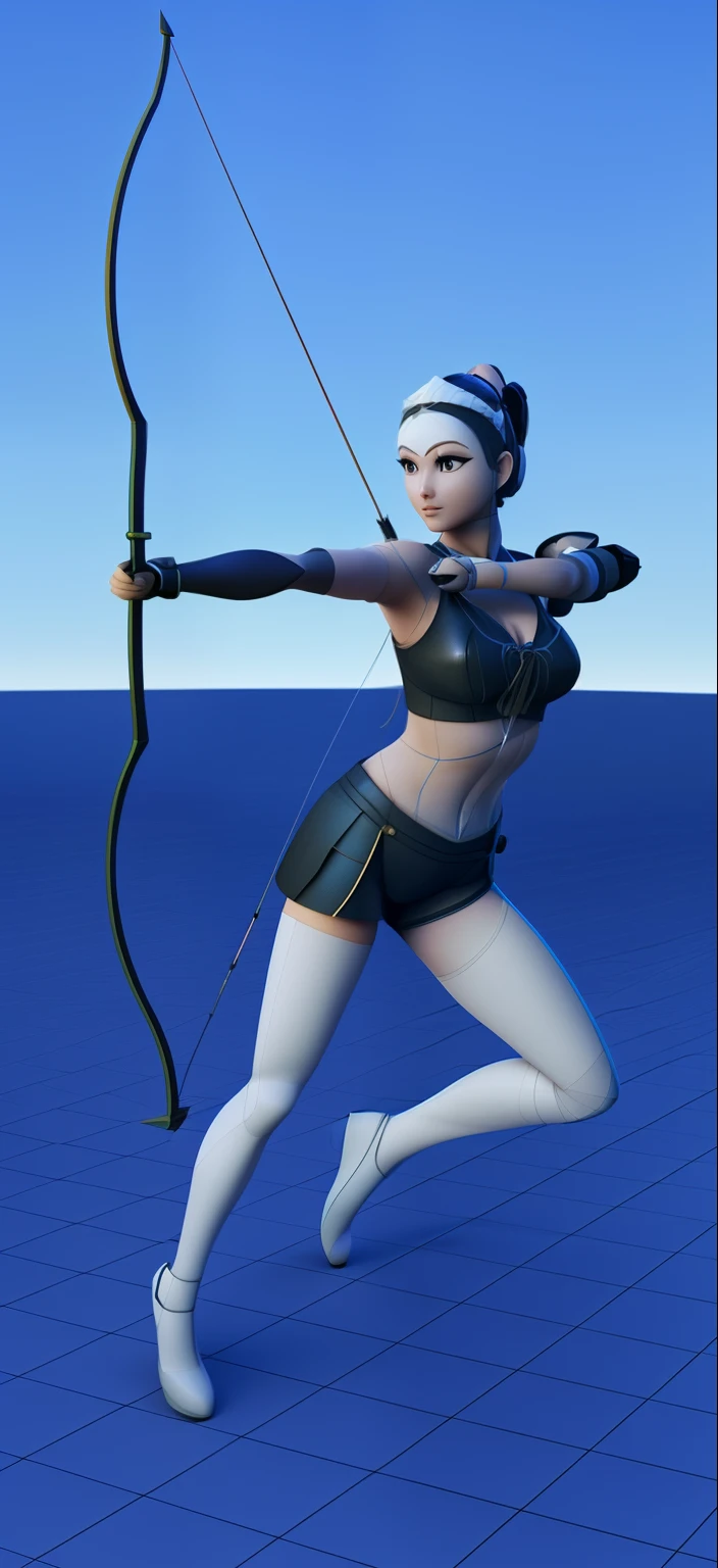 arafed woman with a bow and arrow in the air, female archer, heroic shooting bow pose, anime girl with a bow and arrow, wielding a bow, character posing, with bow and arrow, archer bow, ashe, also known as artemis or selene, modeled in poser, ( ( ( ( 3 d render ) ) ) )