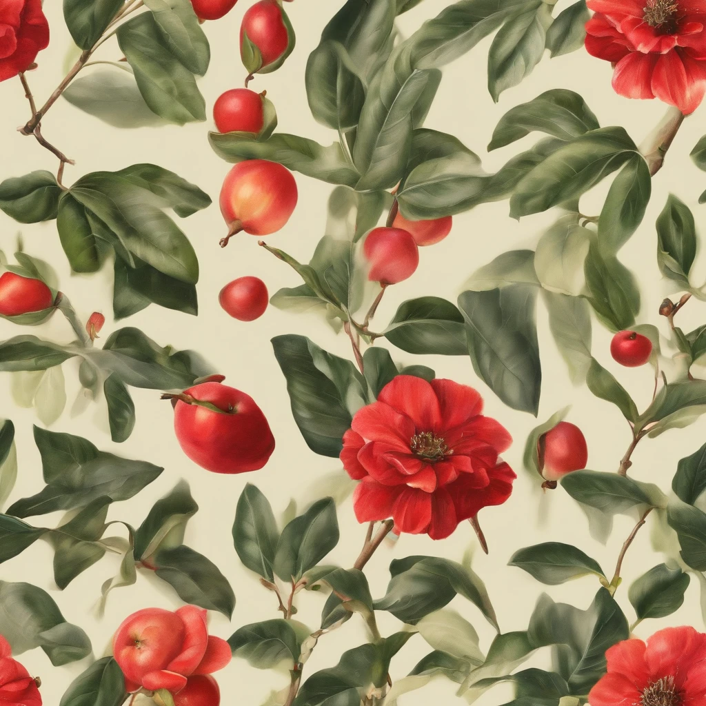 Artistic oil painting. Many flowers set with small apples filling all the art