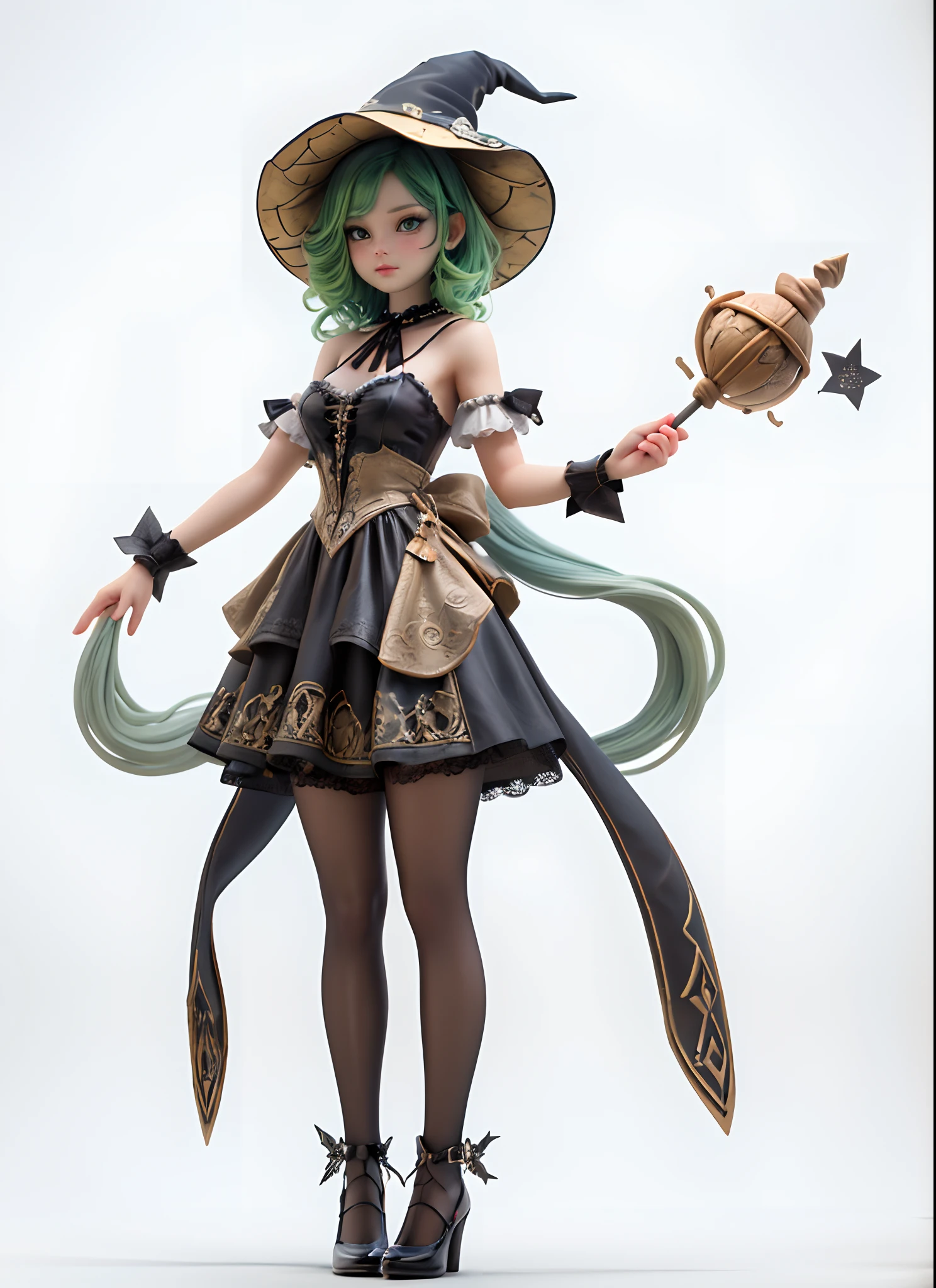 masterpiece,best quality,HDR,high-definition,Intricate Details,vray render,octane render,1girl, cute, witch, black dress, green hair, witch hat