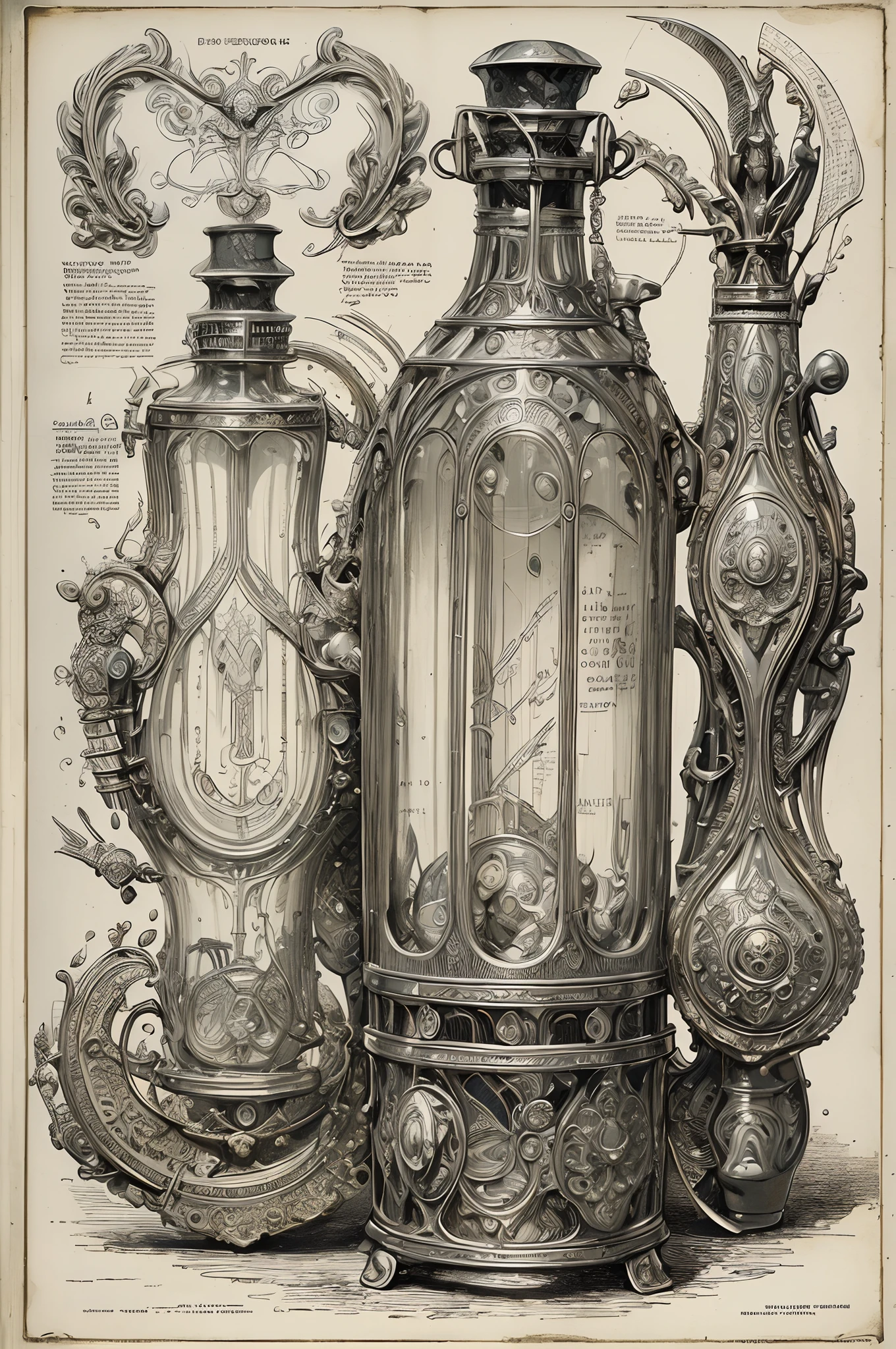 ((without people)) ((nobody)) Vintage Victorian style, Precise vintage encyclopedia (best quality:1.2), (detailed:1.2), (masterpiece:1.2), vintage illustrations of alchemy bottles