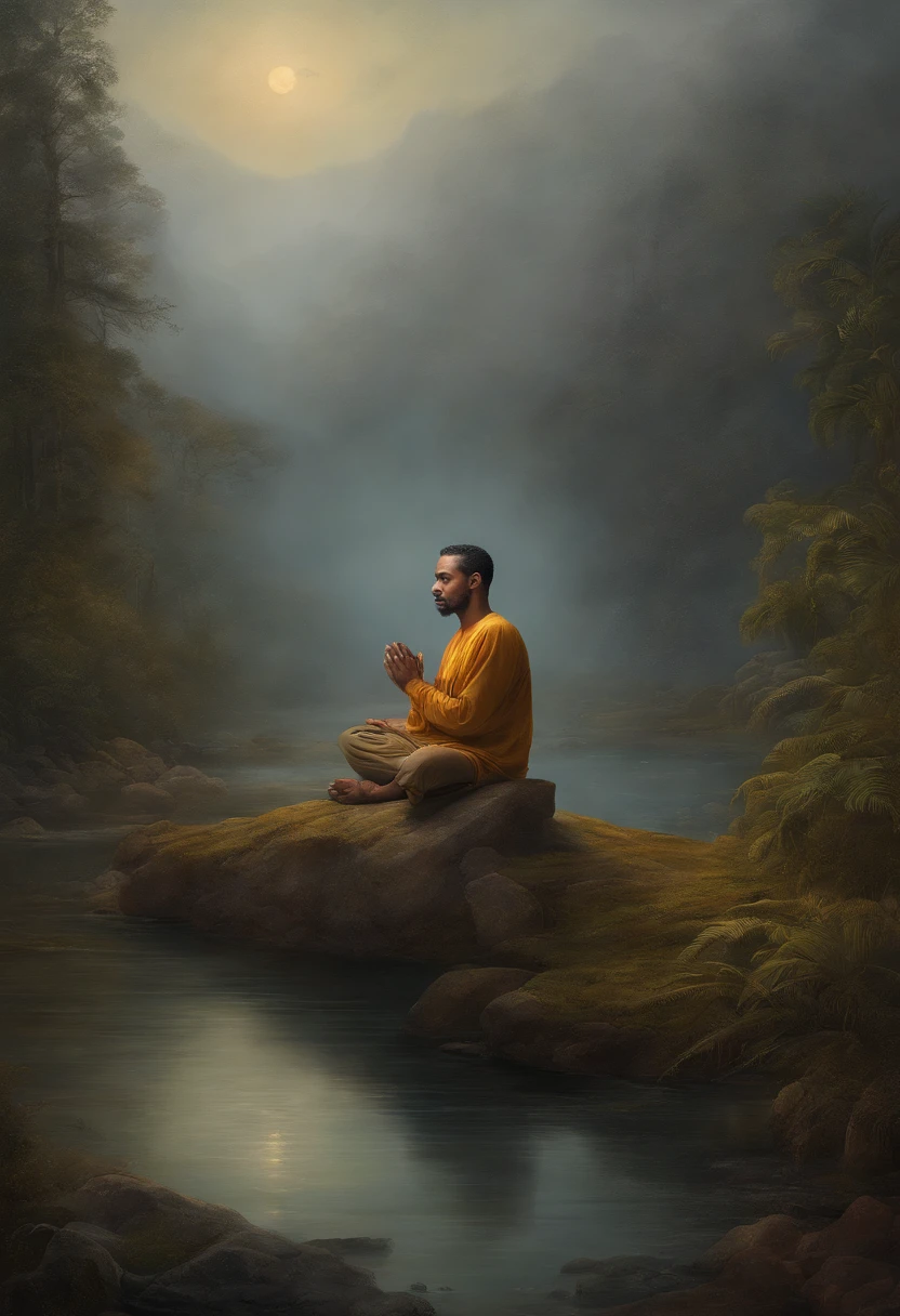 homem maduro, sitting in a meditation position, diante de um orisonte lindo, com o sol se pondo, in connection with the divine, foto de retrato, Directed by: Drew Tucker, Directed by: Adam Marczyński, Directed by: Alexander Kucharsky, Directed by: Gavin Nolan, Surrealismo 8K, Directed by: Jason Felix, Yuri Shwedoff e Tom Bagshaw, arte ilustrativa, Estilo Erik Johansson