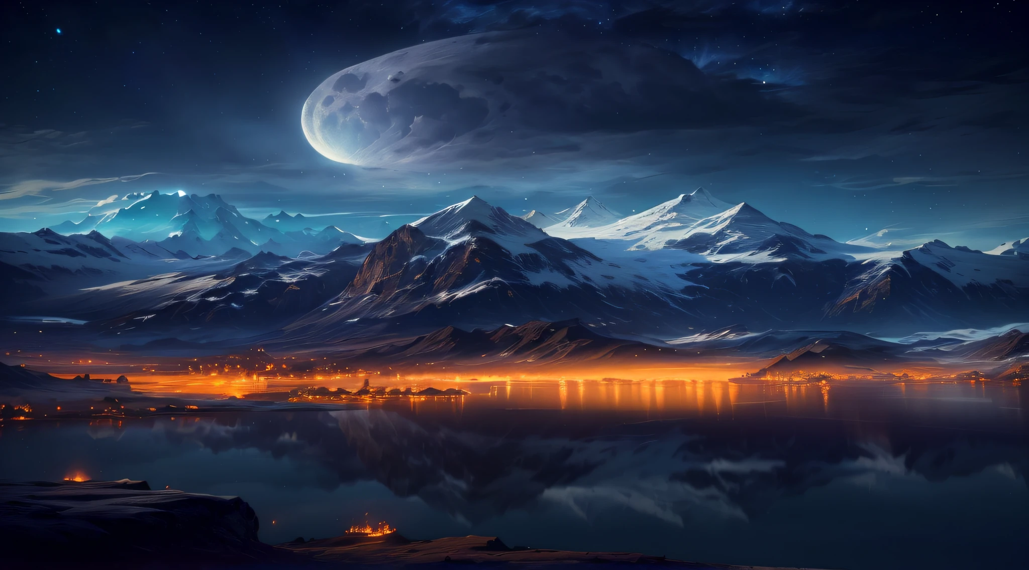 mountains and a lake with a moon in the sky, 4k highly detailed digital art, 4 k hd wallpaper very detailed, impressive fantasy landscape, sci-fi fantasy desktop wallpaper, unreal engine 4k wallpaper, 4k detailed digital art, sci-fi fantasy wallpaper, epic dreamlike fantasy landscape, 4k hd matte digital painting, 8k stunning artwork