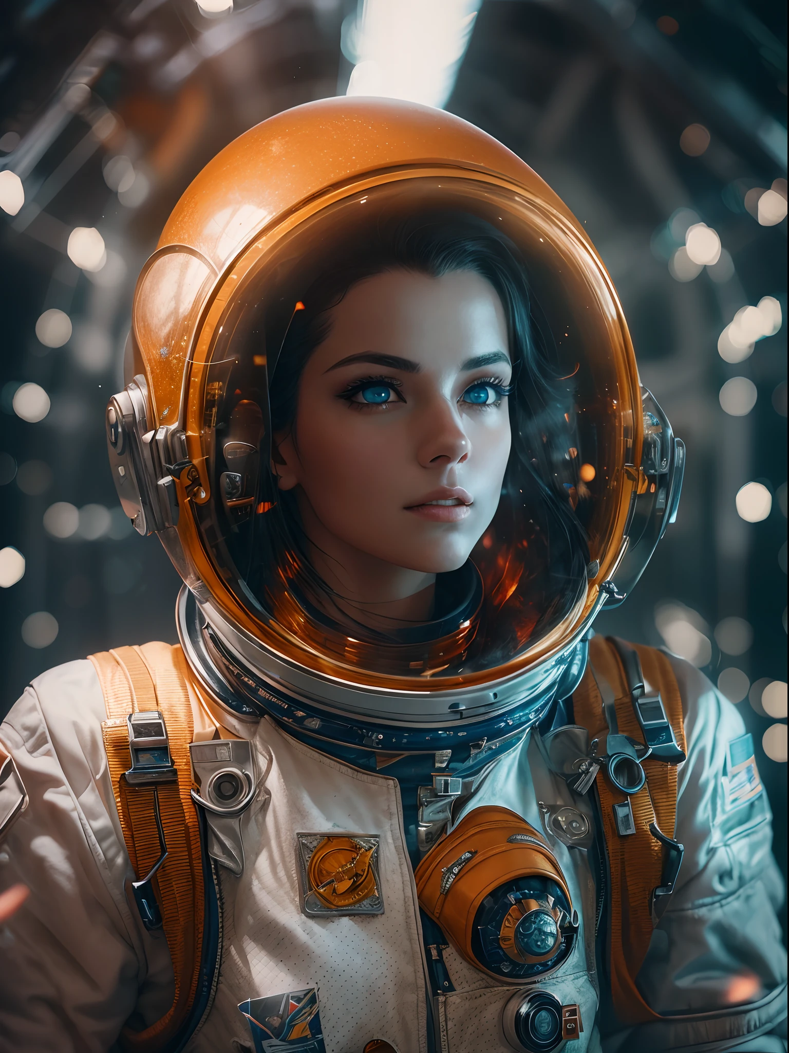 Woman 25 years old Beautiful astronaut of 1950 , deep blue eyes, Orange clothes, Details in white metallic, Cinematic, photoshooting, Half-backlight, back light, dramatic lighting , Incandescent, soft-lighting, insanely detailed and intricate, Hyper maximalist, art, not Gouveiz's style, elegant pose, dynamic, photografic, volumetric , Ultra Detailed, intricate detials, Gouveiz's super detailed masterpiece, futuristic environment