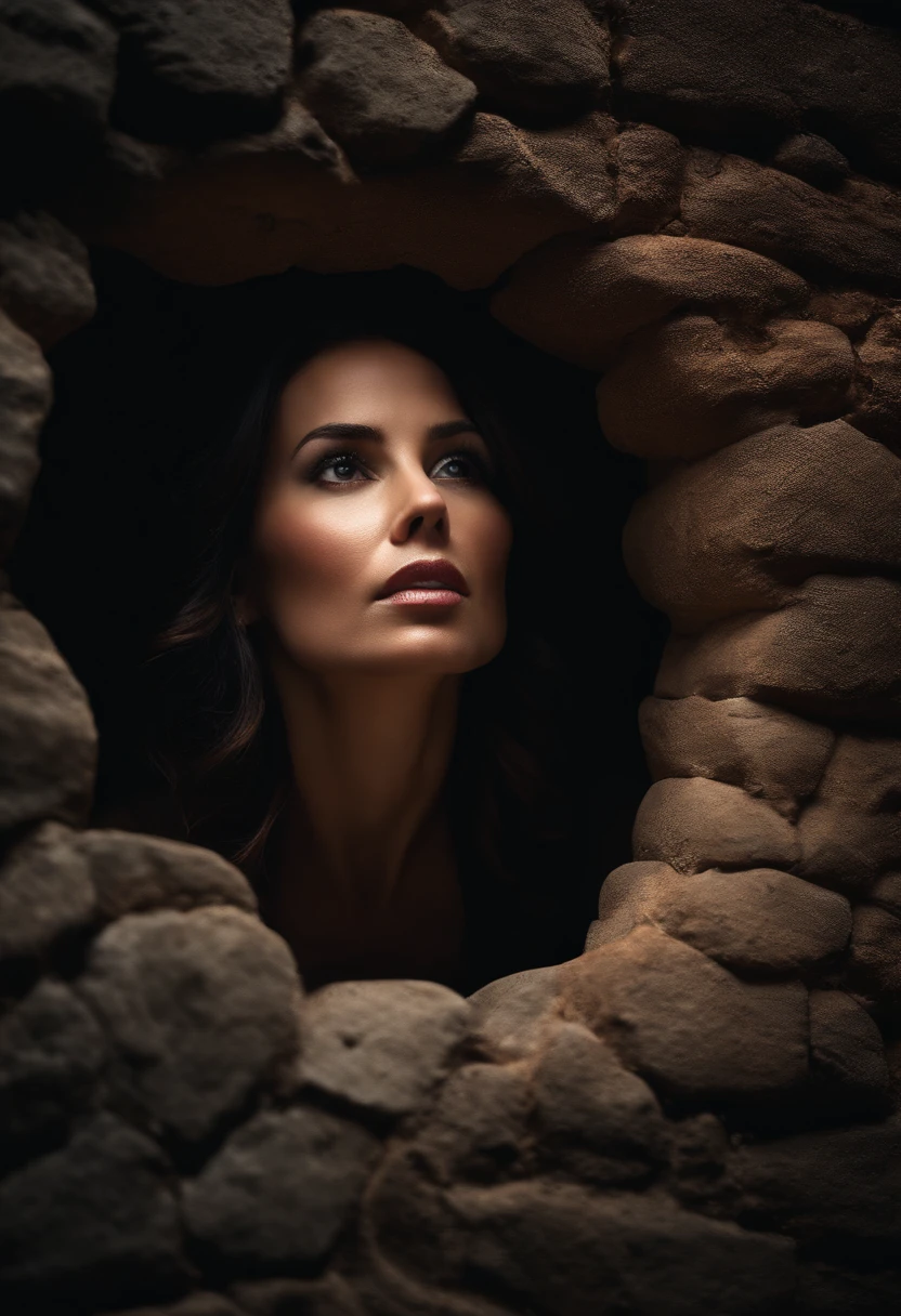 Woman looking through a small hole in the wall in a dark environment. camera focus from behind