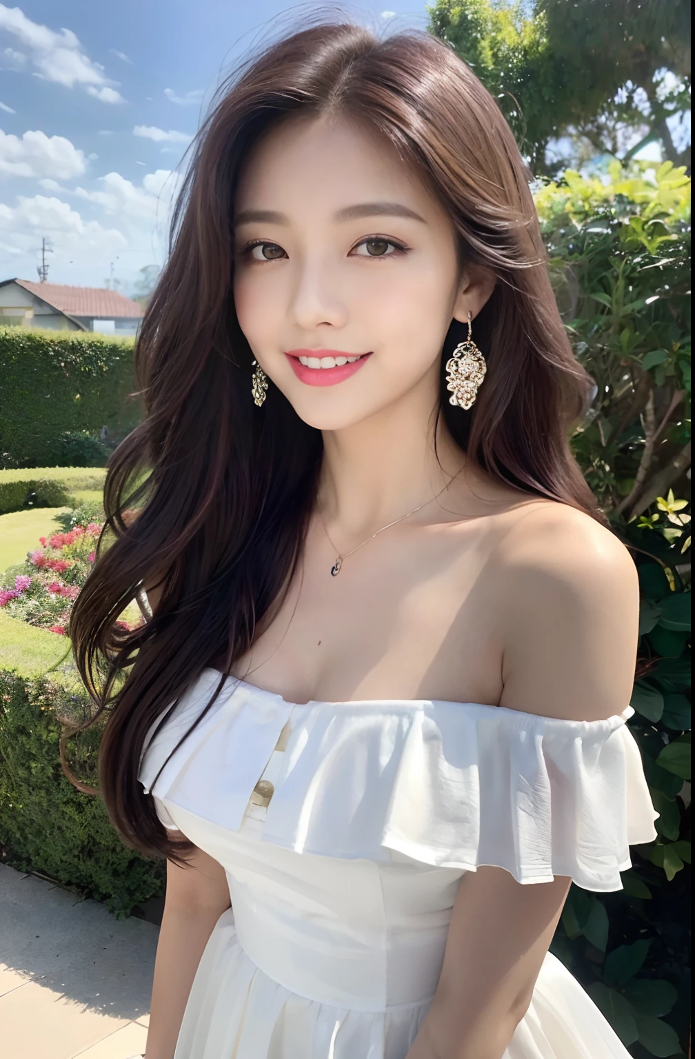 best quality, masterpiece, ultra high res, photorealistic, 1girl, offshoulder, smile