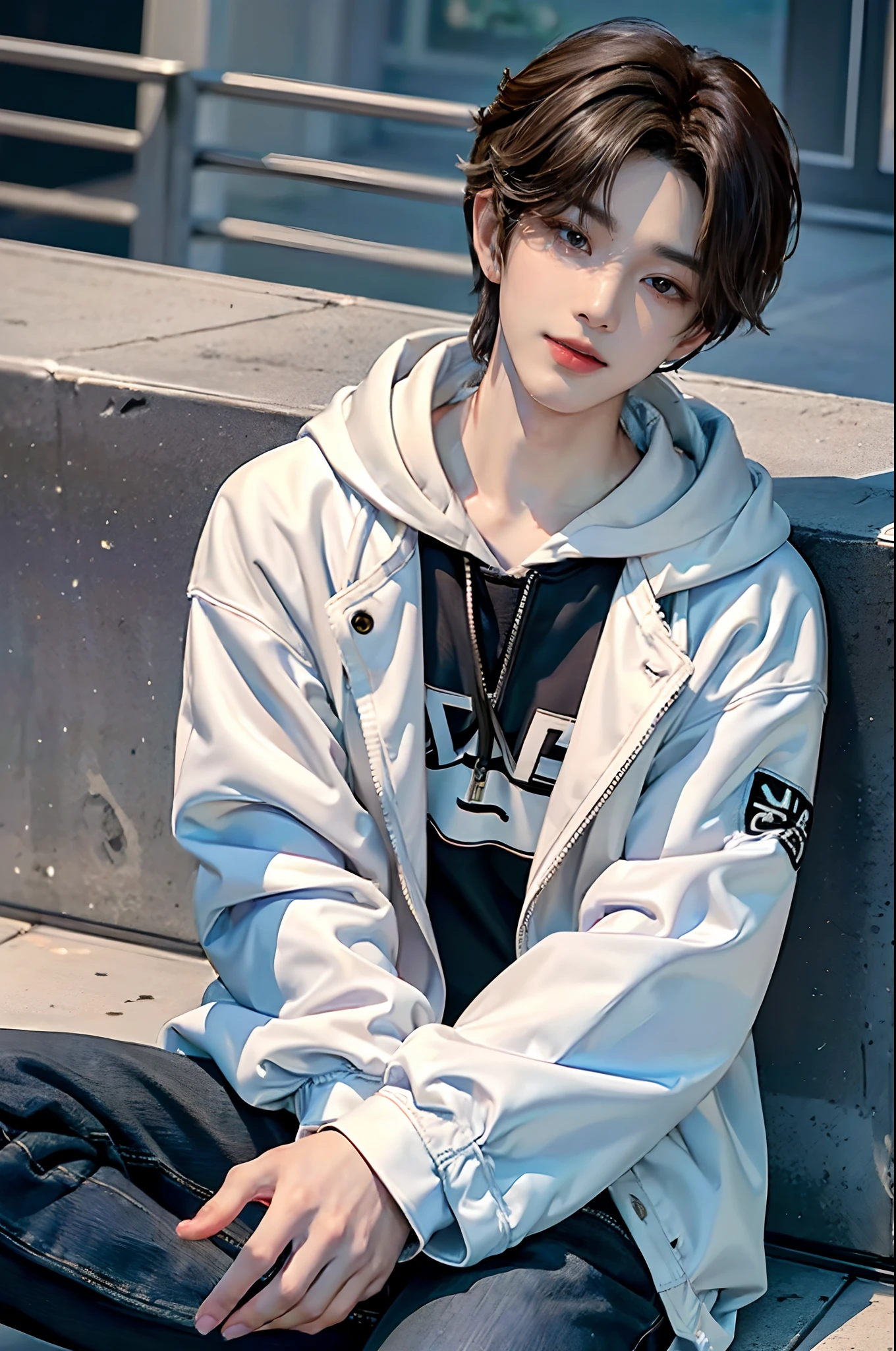 ((4K works))、masterpiece、(top-quality)、((high-level image quality))、((One Manly Boy))、Slim body、((Casual style with white hoodie and chic black denim jacket))、((Men's Fashion))、((Hold your iPhone in your hands))、(Detailed beautiful eyes)、In a fashionable city、Sitting on the curb and listening to music、Face similar to Chaewon in Ruseraphim、((short hair above the ears))、((Smaller face))、((Neutral face))、((Light brown eyes))、((Korean boy))、((18year old))、((Handsome man))、((Sexy expression smiling while licking lips with tongue))、((Korean Makeup))、((elongated and sharp eyes))、((photo of a model))、((Like a celebrity))、Professional Photos、((Shot alone))、((Sitting on the curb and listening to music through headphones))、((He sits in front of the viewer))、((Shot diagonally up from the front))、((Upper body photography))、((Hold your iPhone in your hand、Look at your iPhone screen))