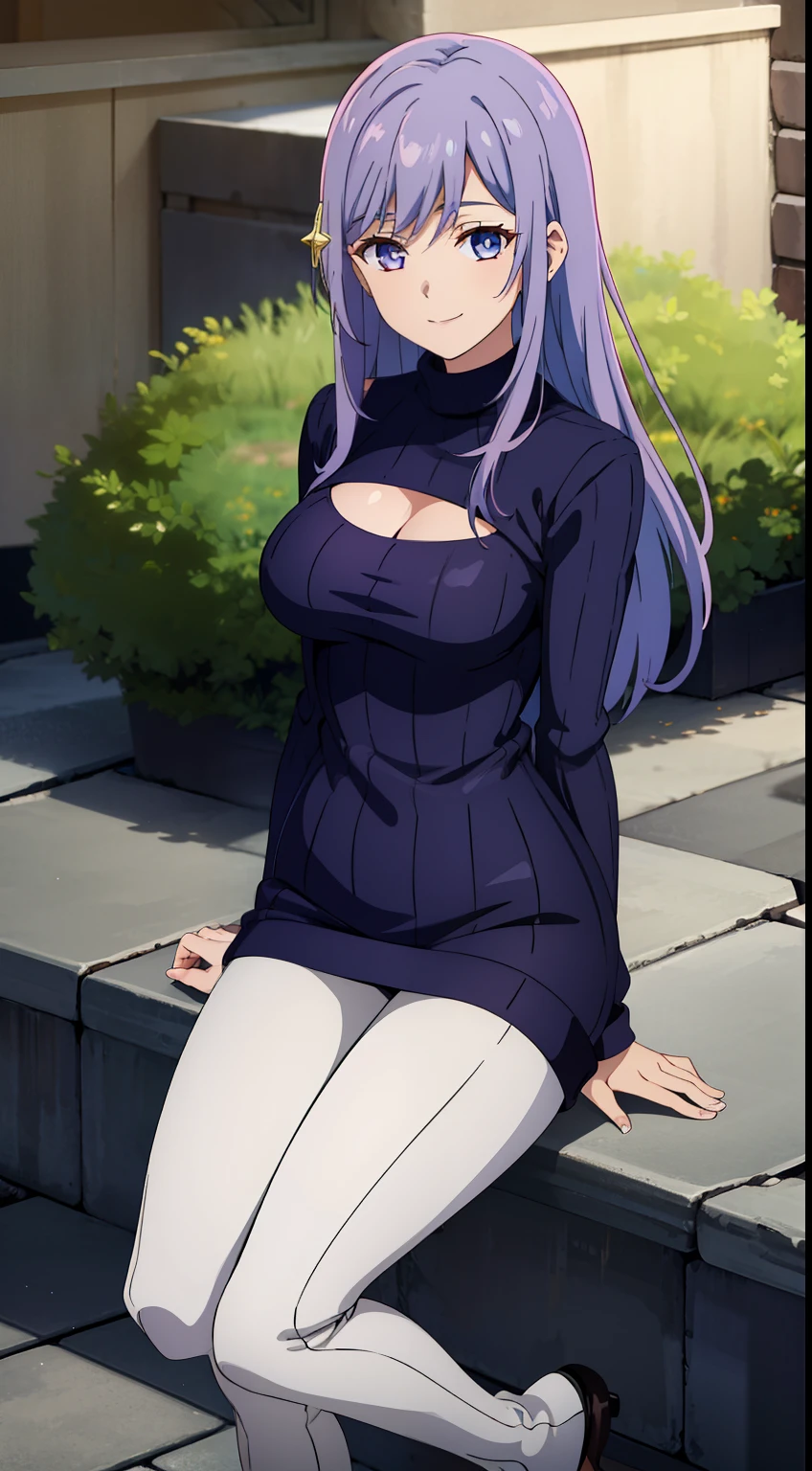 2D, HD, Detailed details, Detailed landscapes, beautiful lights, Beautiful Shadows, top-quality, Highly detailed, masterpiece, best quality, highres, solo, 1girl maha star hair ornament, turtleneck sweater white legwear, light purple hair blue sweater, breasts, closed mouth, smile, looking at viewer, anime, highly detailed eyes, cleavage, highly detailed face, full body, simple background, arms_behind_back, anime styled