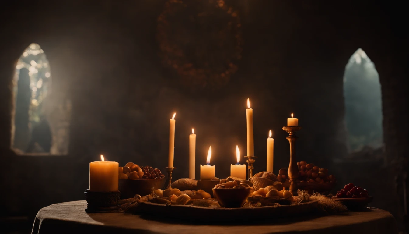 Representation of an altar, em um campo aberto, with the offerings of Cain and Abel and a divine light from heaven illuminating Abel's offering.