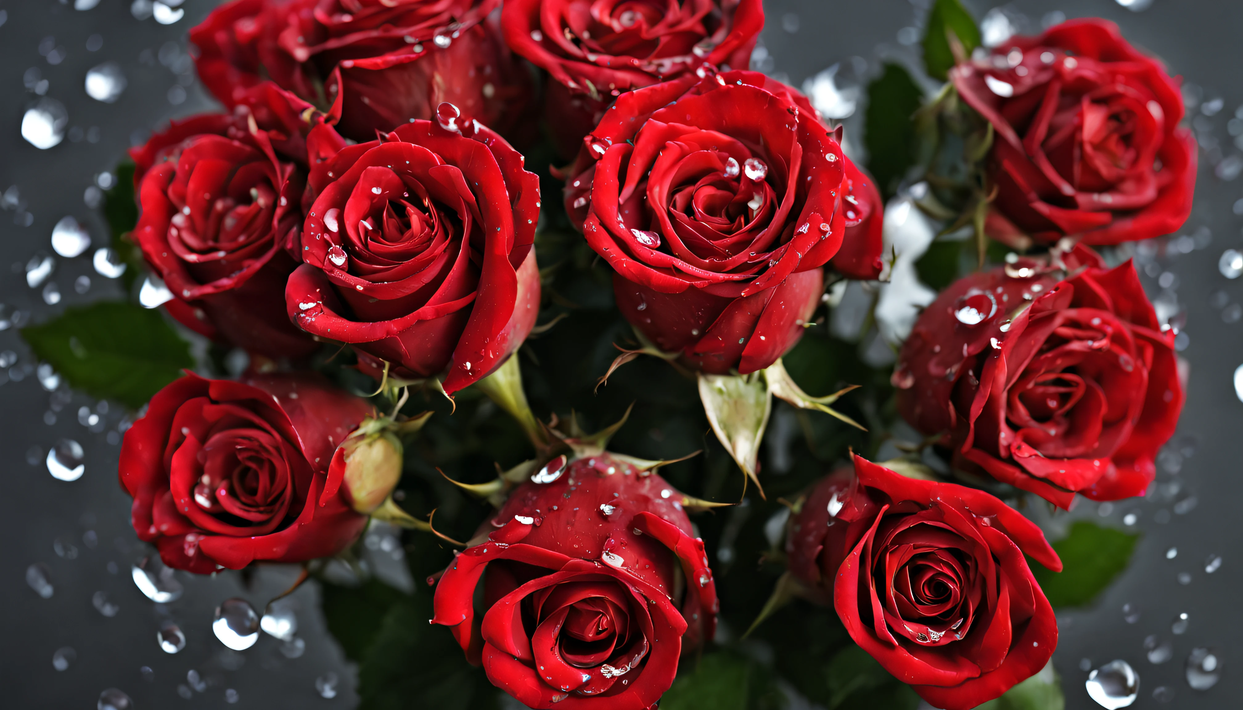 there are many red roses in a vase with water droplets, red roses, roses, rosses, small red roses, red rose, a few roses, decorative roses, red blooming flowers, red flowers, exploding roses, red roses at the top, crimson rain sought flower, romantic mood, rose, red neon roses, red flowers of different types, photo of a rose