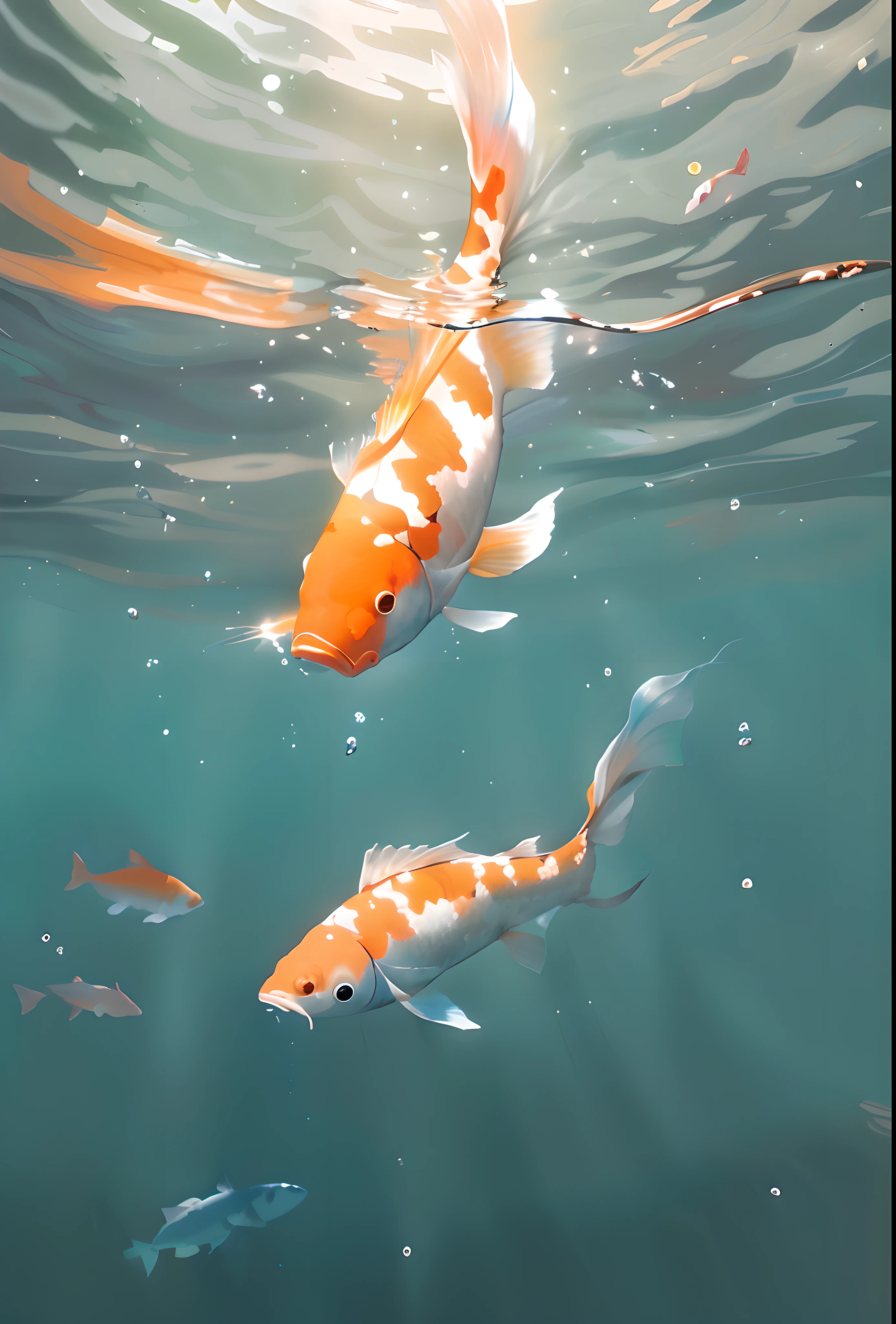 Pintura al agua de una carpa koi gorda ingresando a un estanque luego de saltar, agua transparente y turquesa, bellas burbujas y bello reflejo de la luz solar sobre el agua