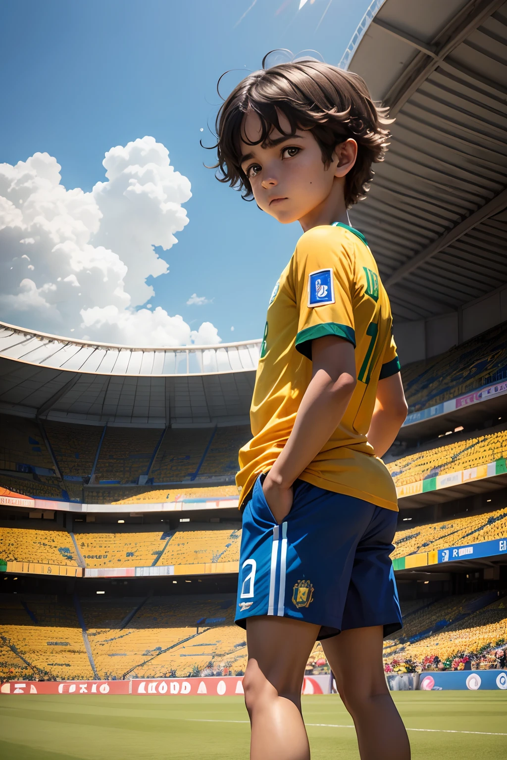 ******, cabelo liso castanho escuro, pelo muito curto, pelo curto, Men's uniform of the Brazil national football team, camisa amarela, blue shorts, epic scenery, Packed stadium, Torcida, melhor qualidade, best resolution , Estilo anime , obra prima , olhar fixo, corpo inteiro, Funtebol Stadium in the background, World Cup Scenario, Brasil, Child in love with football.