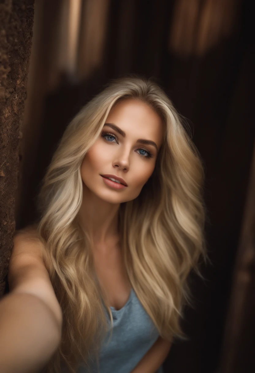 realistic selfie overhead, blonde female, beautiful, as close to a real image as possible