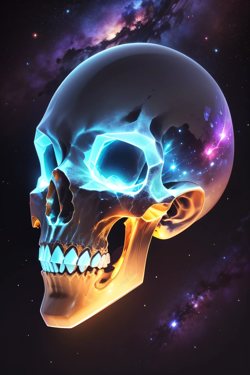 a very detailed and magnificent crystal big alien skull reveals the galaxy , a text say "ALIEN TECH CLUB"