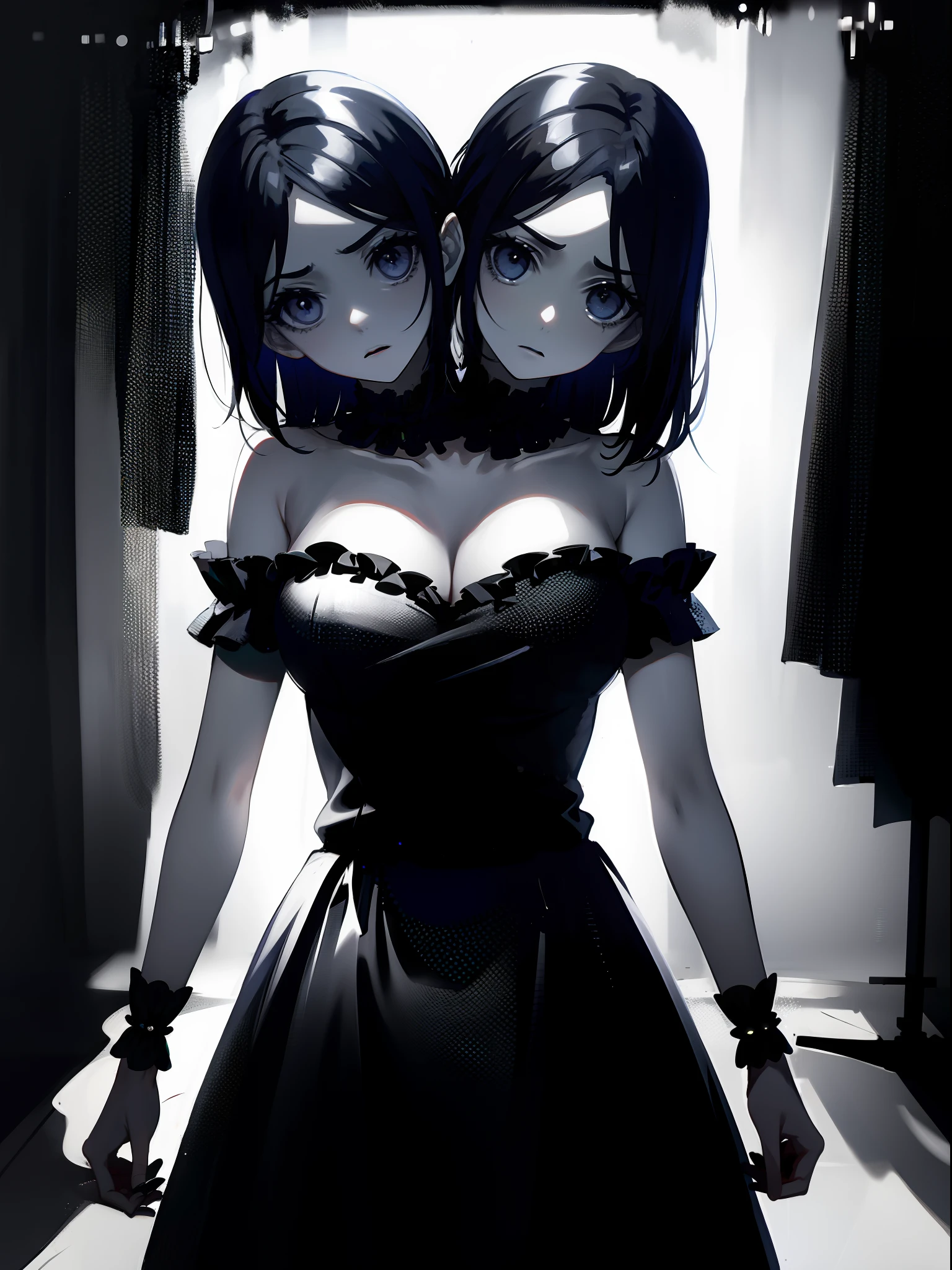 (2heads:1.5), 1girl, looking straight at the camera, telling a scary story, dramatic mood, dark environment, faint ominous lighting