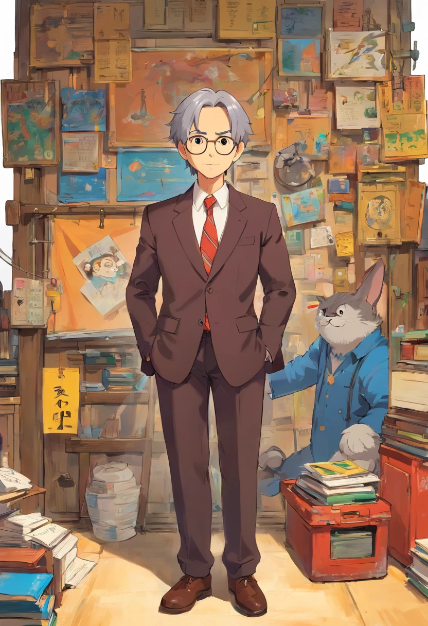 Please draw a cute full-body portrait of a male project manager in his late 30s. His eyes are droopy. I don't have glasses.