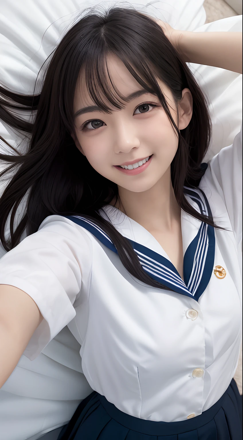 masutepiece, Best Quality, 8K, ers old, Teen, Raw photo, absurderes, award winning portrait, Smile, Smile, Solo, Idol face, Delicate girl, Upper body, Digital SLR, Looking at Viewer, Candid, Sophisticated, Thin arms, Professional Lighting, Film grain, chromatic abberation, (Eyes and faces with detailed:1.0), (Bokeh:1.1) , huge-breasted , Distant perspective , bed , laying on back , Perspective from above , closes mouth , Sailor Uniform , A dark-haired , dishevled hair , Opposite