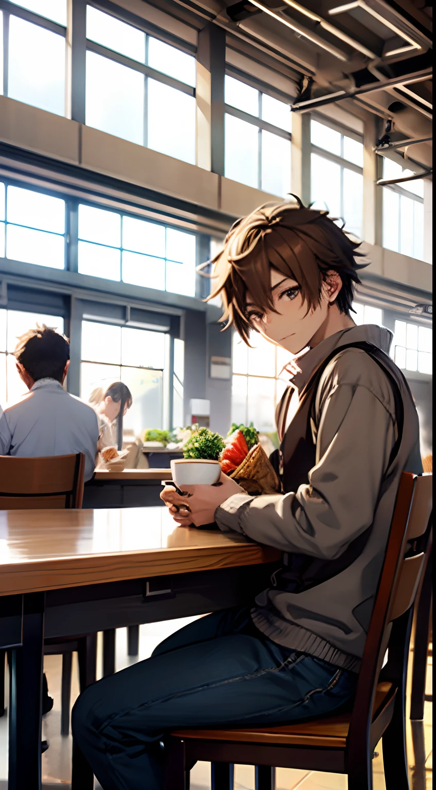((Satoshi)) brown hair, guy, sitting at cafeteria
Preparing