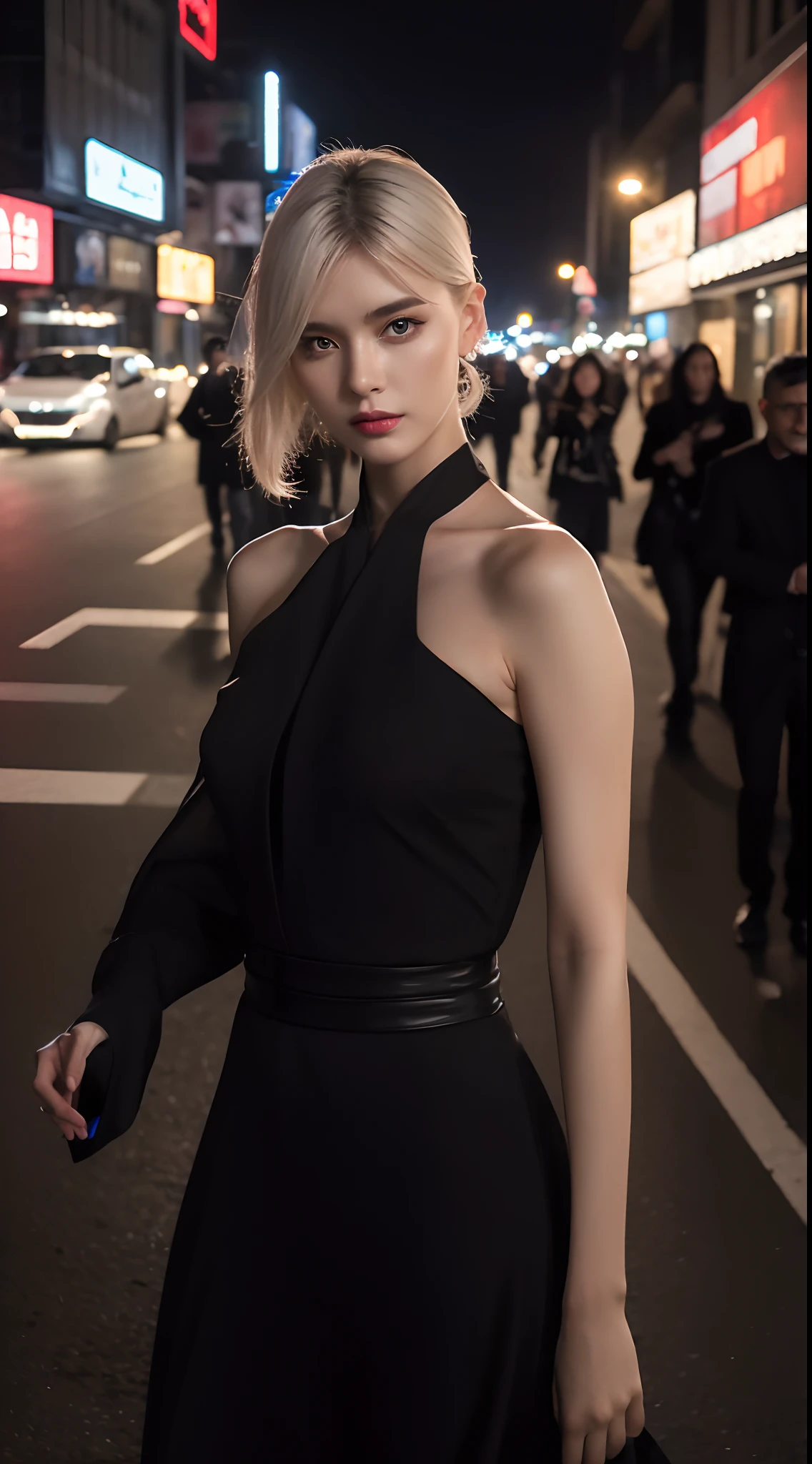 (Best quality,4K,A high resolution:1.2),Ultra-detailed,(Realistic,Photorealistic:1.37),The white-haired woman walked seductively down the street, black formal,Smooth polished hair,Confident posture,cityscape in the background,Dark and mysterious atmosphere,A vibrant and energetic scene,captivatinggaze,Strong presence,Elegant and sophisticated appearance,dynamic shadowing,subtle reflections,High contrast lighting,Modern and urban environment,graceful movements,Illuminated street lights,arquitetura impressionante,Striking visual composition,Dramatic and avant-garde style,Special attention to detail,Rich depth of field,expressive facial features,Sharp silhouette,Exquisite craftsmanship,Impressive realism,Artistic and elegant expression,striking colors,Meticulous attention to shadows and highlights,A gleaming streetscape,Stylish and stylish look,Impeccable sense of fashion,Flawless makeup,Confident and seductive expression