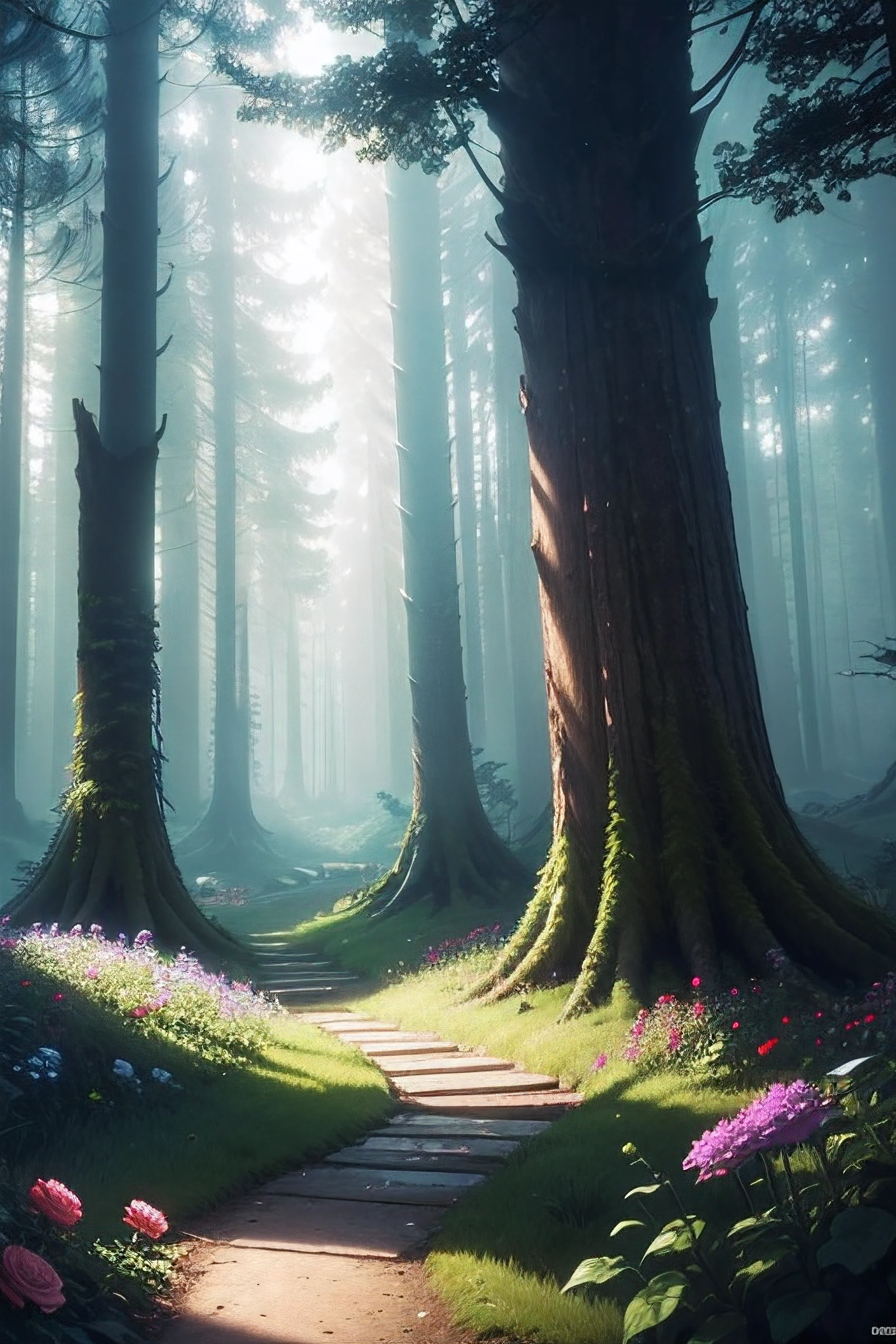 A glade, flowers grow in a clearing, a dark forest in the distance, the flowers are bright, shining, a clear sky turning into a dark one from above, a camera from below, dark lighting, volumetric lighting, super-detailing, detailing of the environment, high quality, cover, fantasy, art