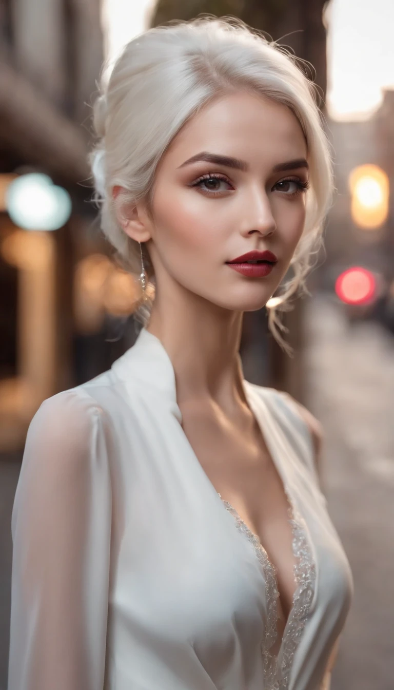 (Best quality,4K,A high resolution:1.2),Ultra-detailed,(Realistic,Photorealistic:1.37),The white-haired woman walked seductively down the street, black formal,Smooth polished hair,Confident posture,cityscape in the background,Dark and mysterious atmosphere,A vibrant and energetic scene,captivatinggaze,Strong presence,Elegant and sophisticated appearance,dynamic shadowing,subtle reflections,High contrast lighting,Modern and urban environment,graceful movements,Illuminated street lights,arquitetura impressionante,Striking visual composition,Dramatic and avant-garde style,Special attention to detail,Rich depth of field,expressive facial features,Sharp silhouette,Exquisite craftsmanship,Impressive realism,Artistic and elegant expression,striking colors,Meticulous attention to shadows and highlights,Sparkling streetscape,Stylish and stylish look,Impeccable sense of fashion,Flawless makeup,Confident and seductive expression