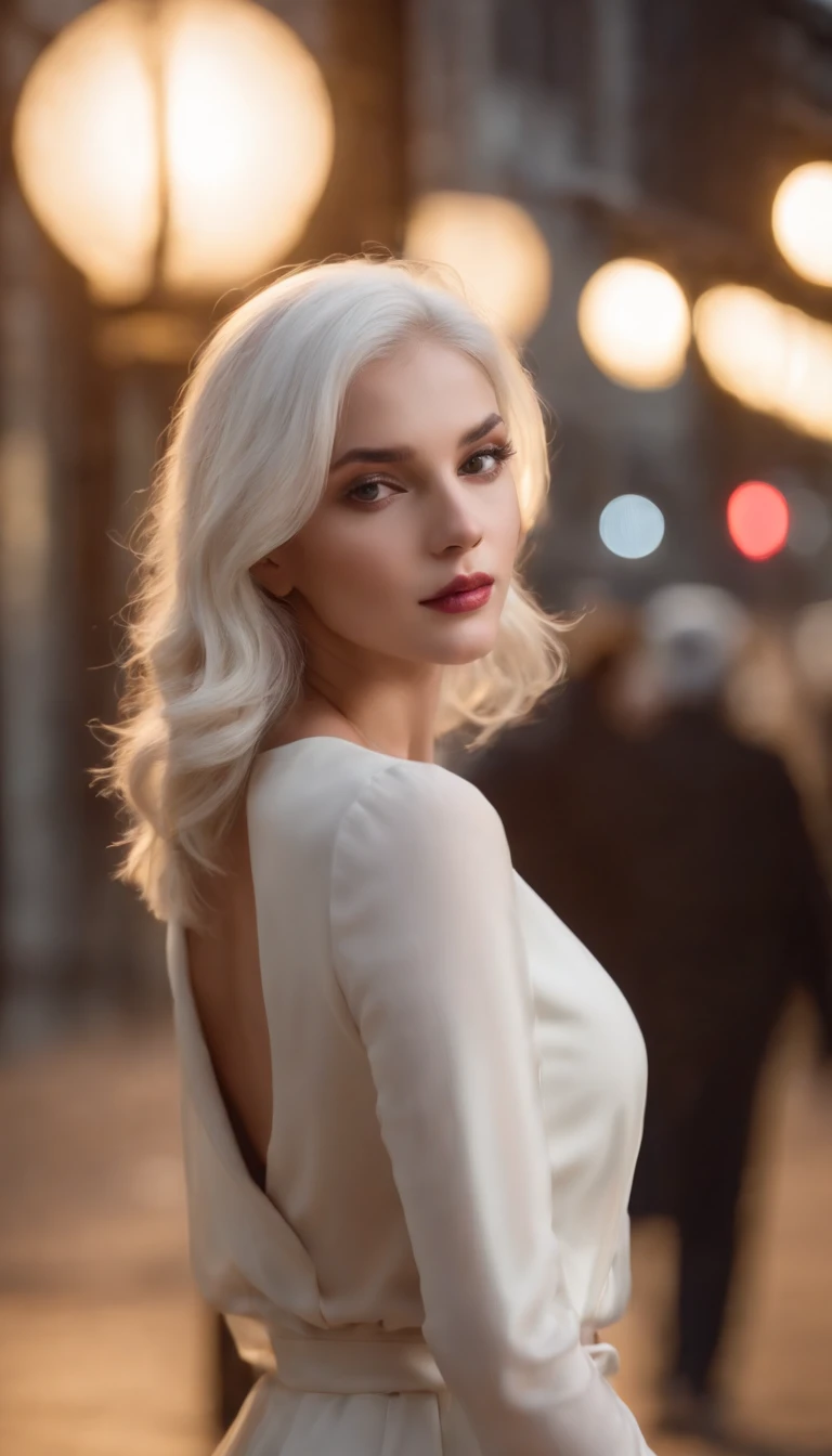(Best quality,4K,A high resolution:1.2),Ultra-detailed,(Realistic,Photorealistic:1.37),The white-haired woman walked seductively down the street, black formal,Smooth polished hair,Confident posture,cityscape in the background,Dark and mysterious atmosphere,A vibrant and energetic scene,captivatinggaze,Strong presence,Elegant and sophisticated appearance,dynamic shadowing,subtle reflections,High contrast lighting,Modern and urban environment,graceful movements,Illuminated street lights,arquitetura impressionante,Striking visual composition,Dramatic and avant-garde style,Special attention to detail,Rich depth of field,expressive facial features,Sharp silhouette,Exquisite craftsmanship,Impressive realism,Artistic and elegant expression,striking colors,Meticulous attention to shadows and highlights,Sparkling streetscape,Stylish and stylish look,Impeccable sense of fashion,Flawless makeup,Confident and seductive expression