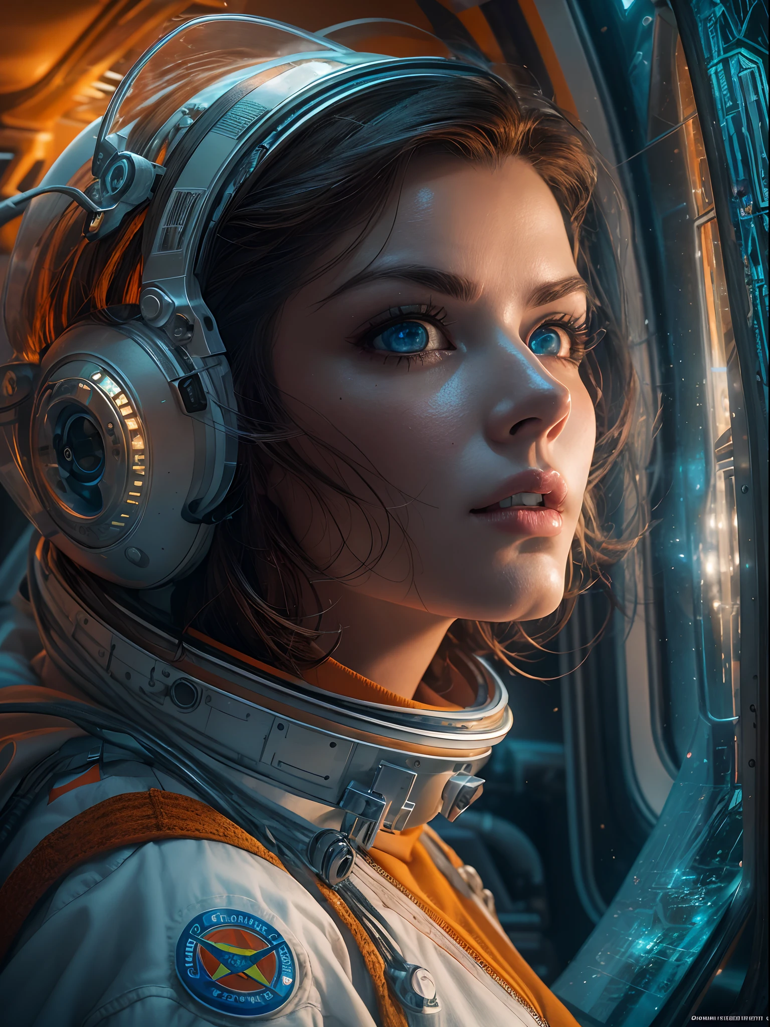 Woman 25 years old Beautiful astronaut of 1950 , deep blue eyes, Orange clothes, Details in white metallic, Cinematic, photoshooting, Half-backlight, back light, dramatic  lighting , Incandescent, soft-lighting, insanely detailed and intricate, Hyper maximalist, art, not Gouveiz's style, elegant pose, dynamic, photografic, volumetric , Ultra Detailed, intricate detials, Gouveiz's super detailed masterpiece, futuristic environment