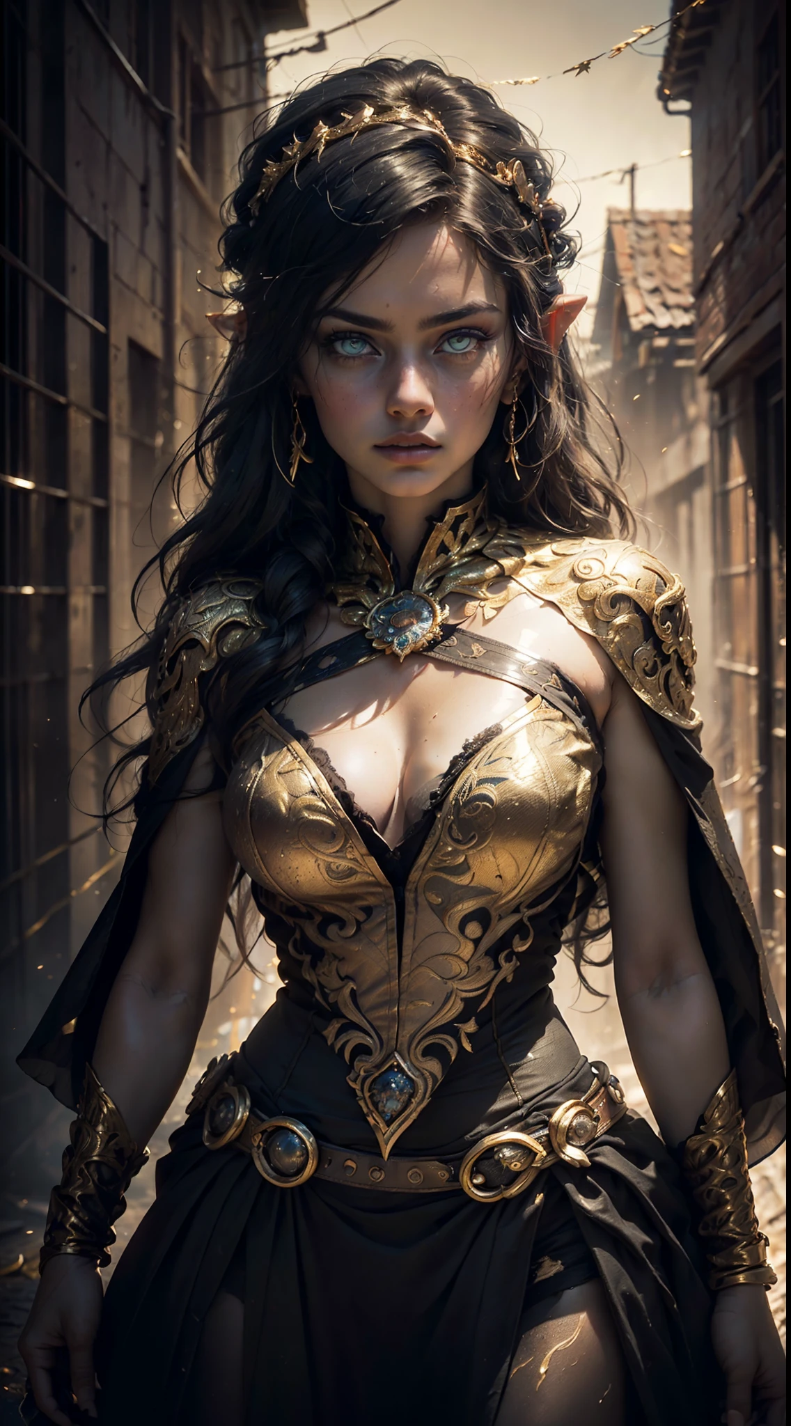 A stunning ((three quarters view (((cowboy shot))))) of an elf Queen ((standing in a courtyard)), wearing black elaborate dress and elaborate bejewelled headdress, ((long flowing gold hair flying, bright gold eyes)), beautiful pale makeup, color portrait, striking golden eyes, cleavage, large breasts, gold dust spread across the skin and face, (dark, hyper-realistic photos (((HDR+)))), 8k, ((soft cinematic light)), Adobe Lightroom, Photolab, HDR, intricate, elegant, highly detailed, sharp focus, ((((((cinematic appearance)))), ((soft tones)), insane details, intricate details, hyperdetailed, ((low contrast, soft cinematic light)), bold colors, exposure mix, faded, slate atmosphere.