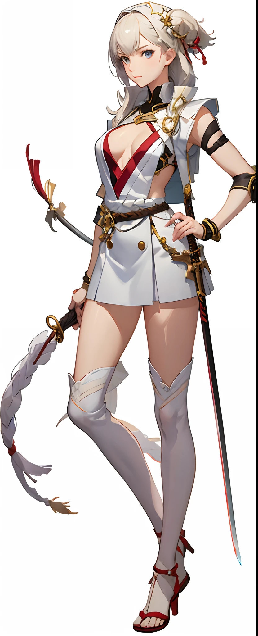 a woman in white dress holding a sword and a stick, cushart krenz key art feminine, natalie from epic battle fantasy, character from king of fighters, full body close-up shot, cushart krenz, ikki tousen, knights of zodiac girl, jrpg character art, fox nobushi holding a naginata