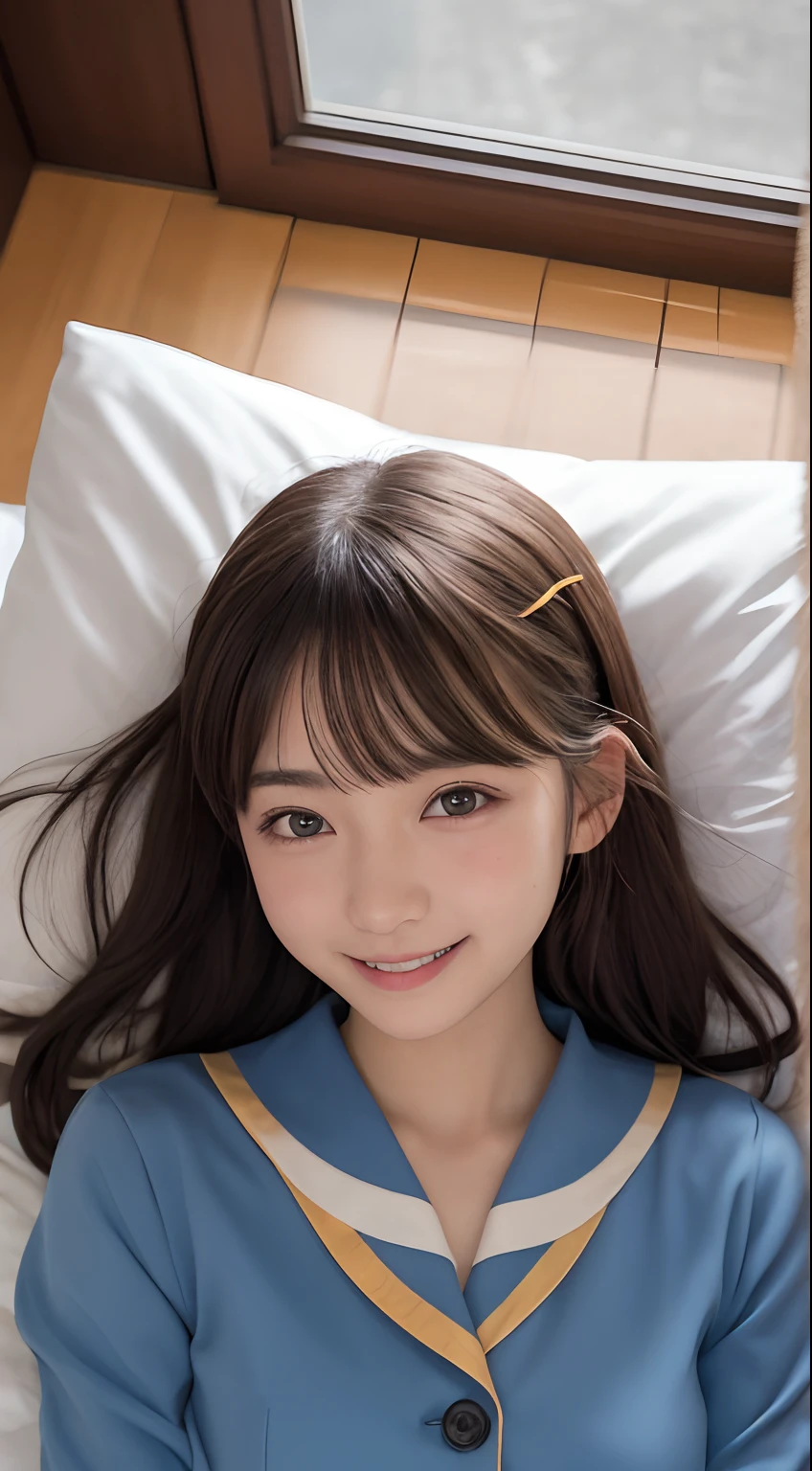 masutepiece, Best Quality, 8K, 10yaers old, Teen, Raw photo, absurderes, award winning portrait, Smile, Smile, Solo, Idol face, Delicate girl, Upper body, Digital SLR, Looking at Viewer, Candid, Sophisticated, Thin arms, Professional Lighting, Film grain, chromatic abberation, (Eyes and faces with detailed:1.0), (Bokeh:1.1) , huge-breasted , Distant perspective , bed , laying on back , Perspective from above , closes mouth , Sailor Uniform , A dark-haired , dishevled hair