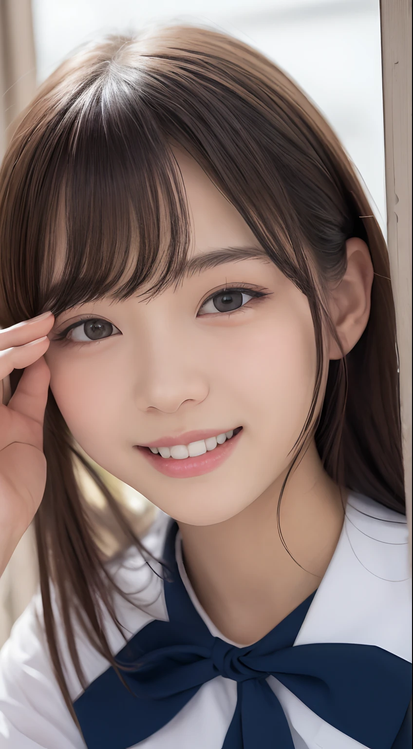 masutepiece, Best Quality, 8K, 10yaers old, Teen, Raw photo, absurderes, award winning portrait, Smile, Smile, Solo, Idol face, Delicate girl, Upper body, Digital SLR, Looking at Viewer, Candid, Sophisticated, Thin arms, Professional Lighting, Film grain, chromatic abberation, (Eyes and faces with detailed:1.0), (Bokeh:1.1) , huge-breasted , Distant perspective , bed , laying on back , Perspective from above , closes mouth , Sailor Uniform , A dark-haired , dishevled hair